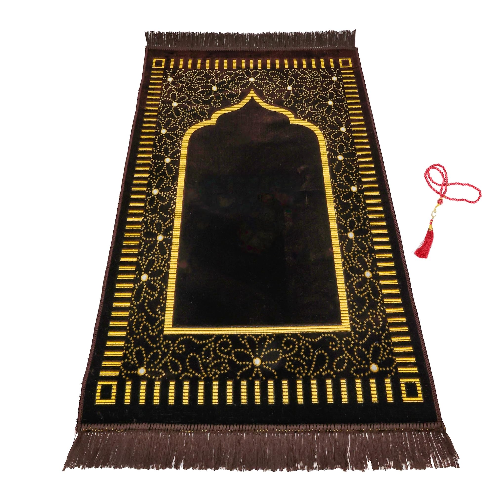 Luxury Turkish Velvet Prayer Rug – Dark Brown & Gold Geometric Arch Design