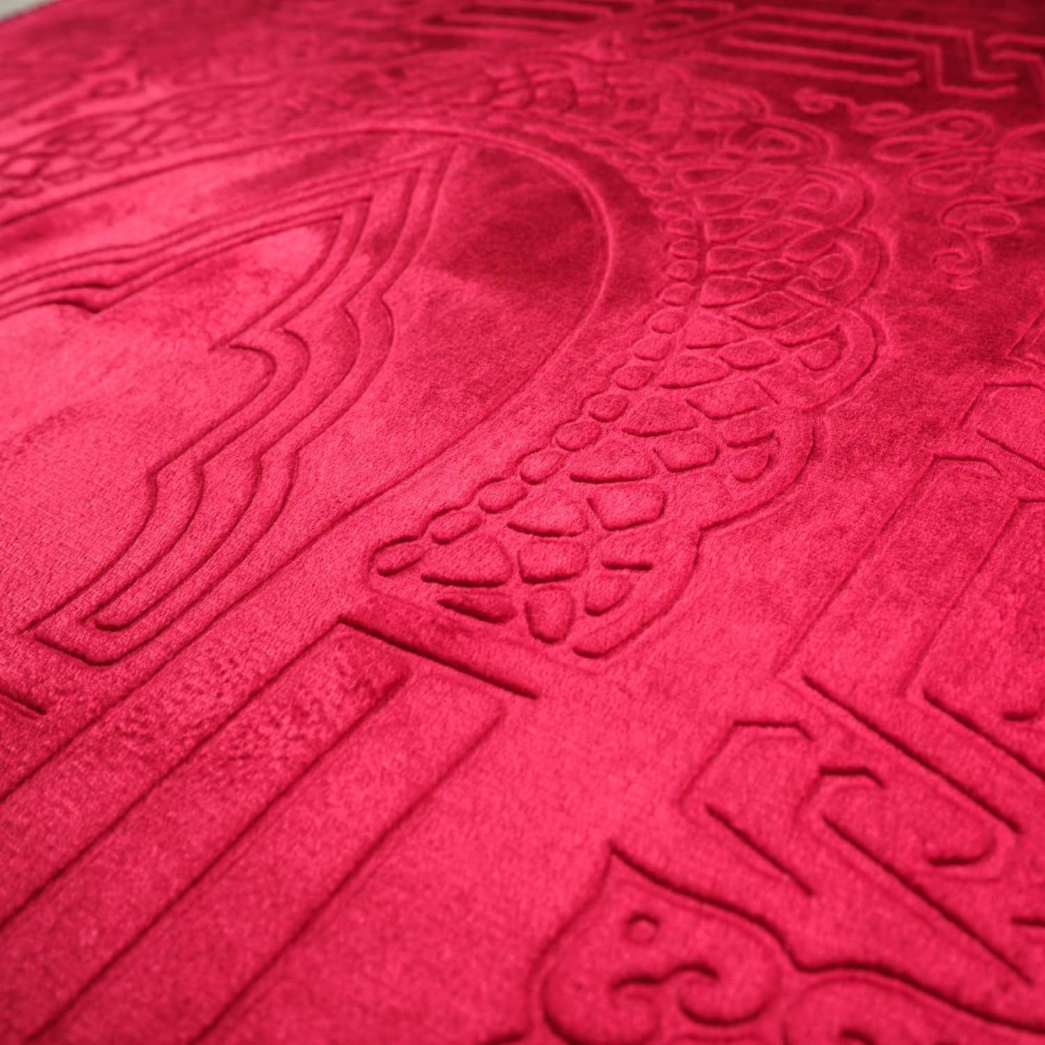 Luxury Turkish Velvet Prayer Rug – Red Embossed Floral Design with Tasbeeh