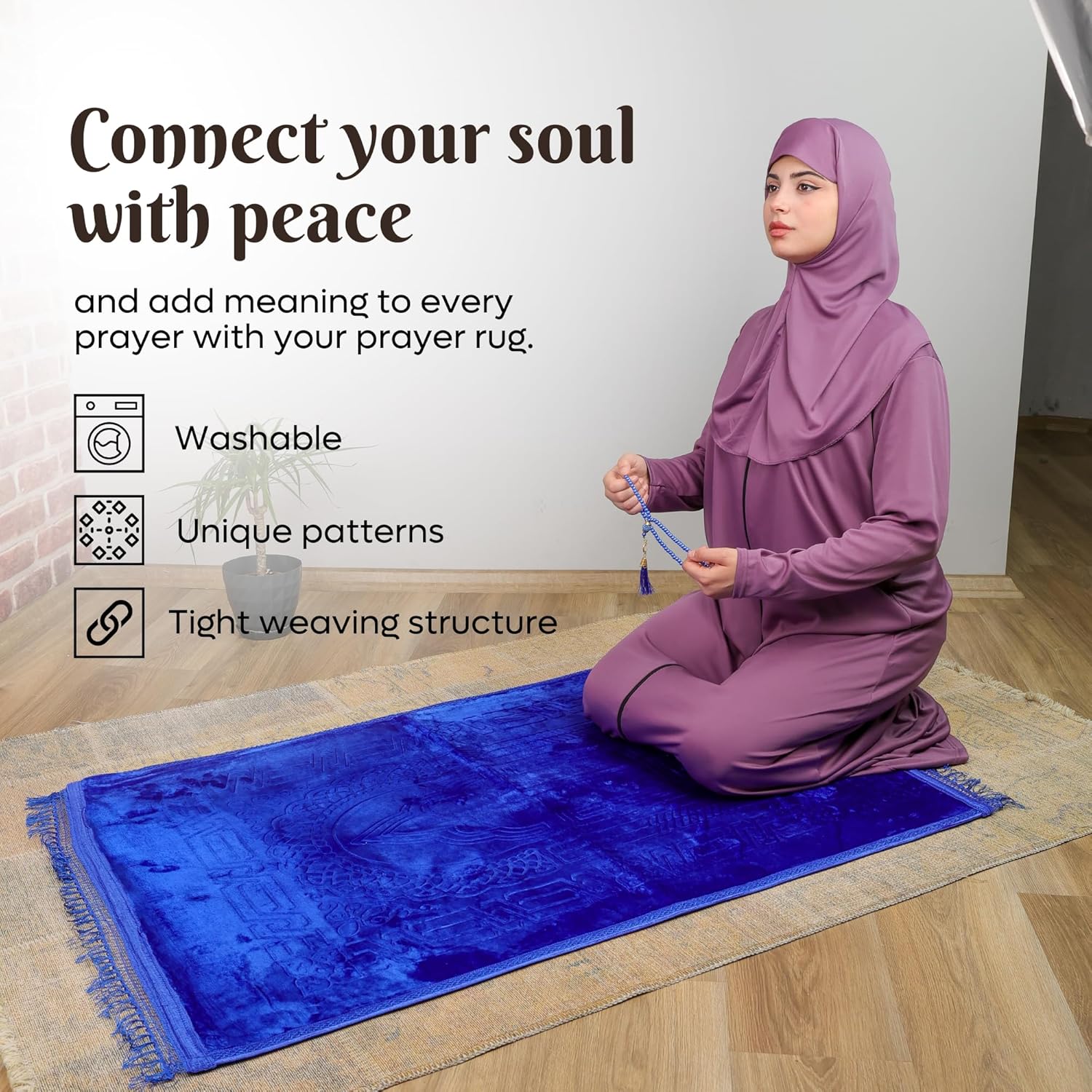 Luxury Turkish Velvet Prayer Rug – Blue Embossed Floral Design with Tasbeeh