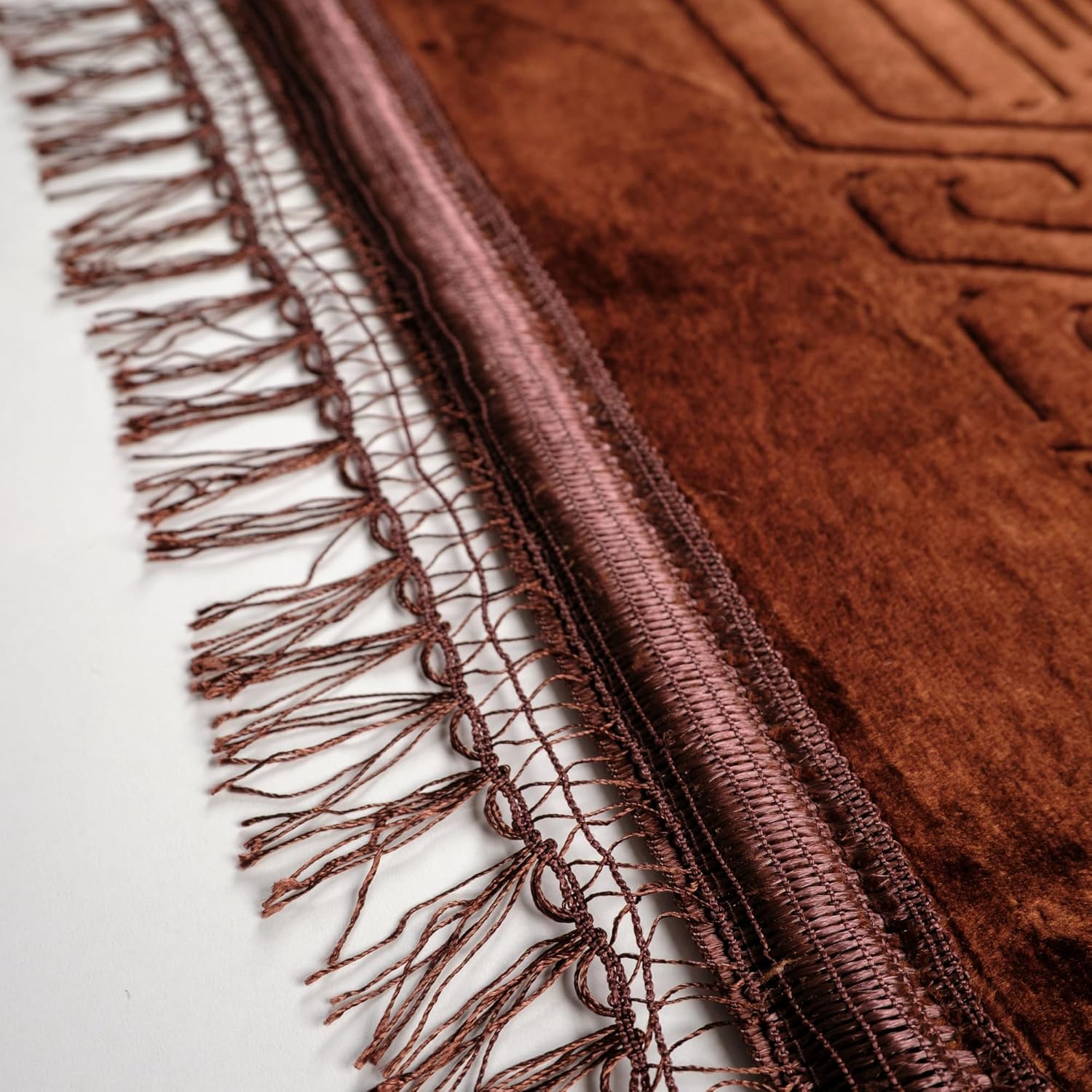 Luxury Turkish Velvet Prayer Rug – Brown Embossed Floral Design with Tasbeeh