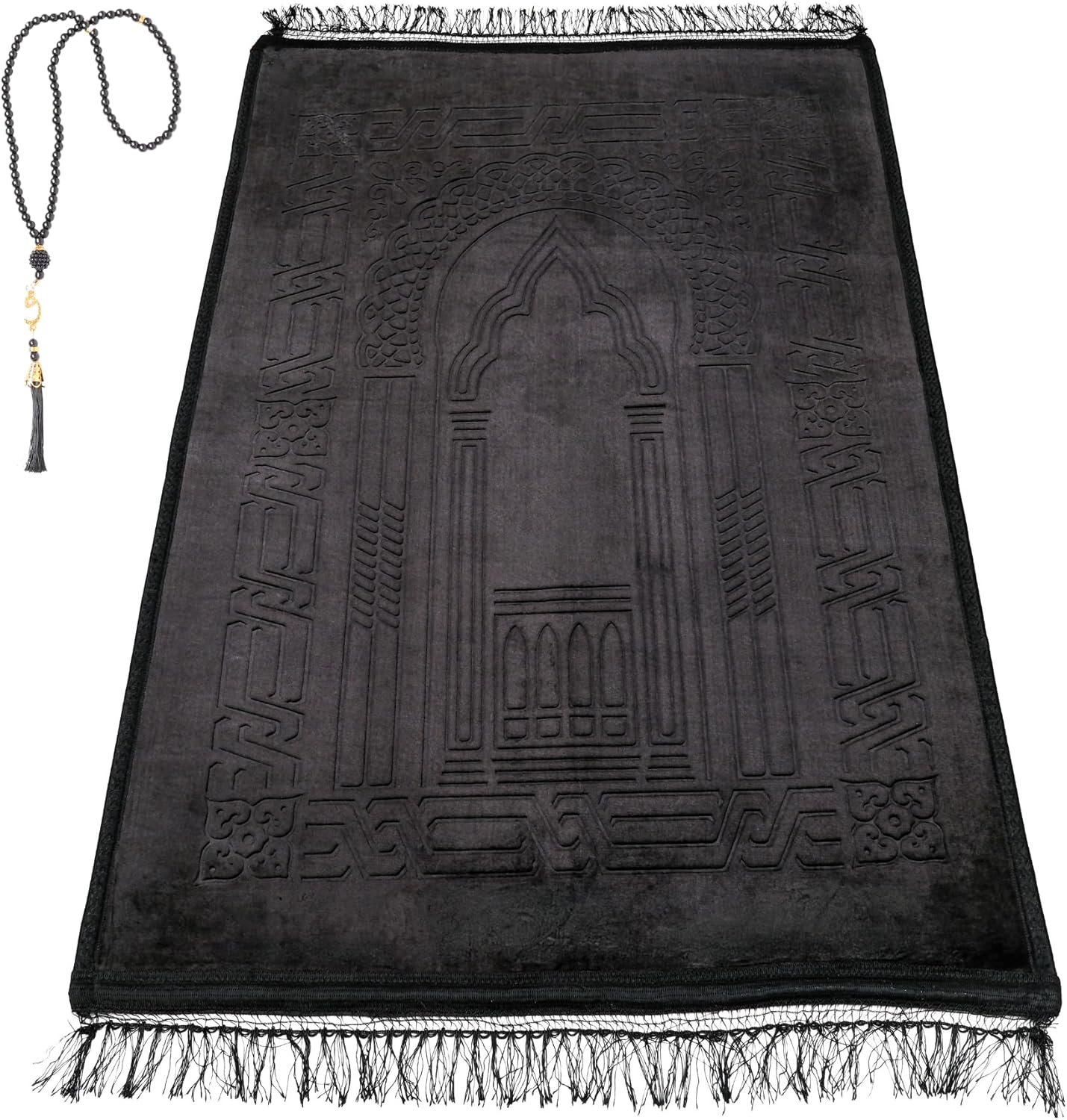 Luxury Turkish Velvet Prayer Rug – Black Embossed Floral Design with Tasbeeh