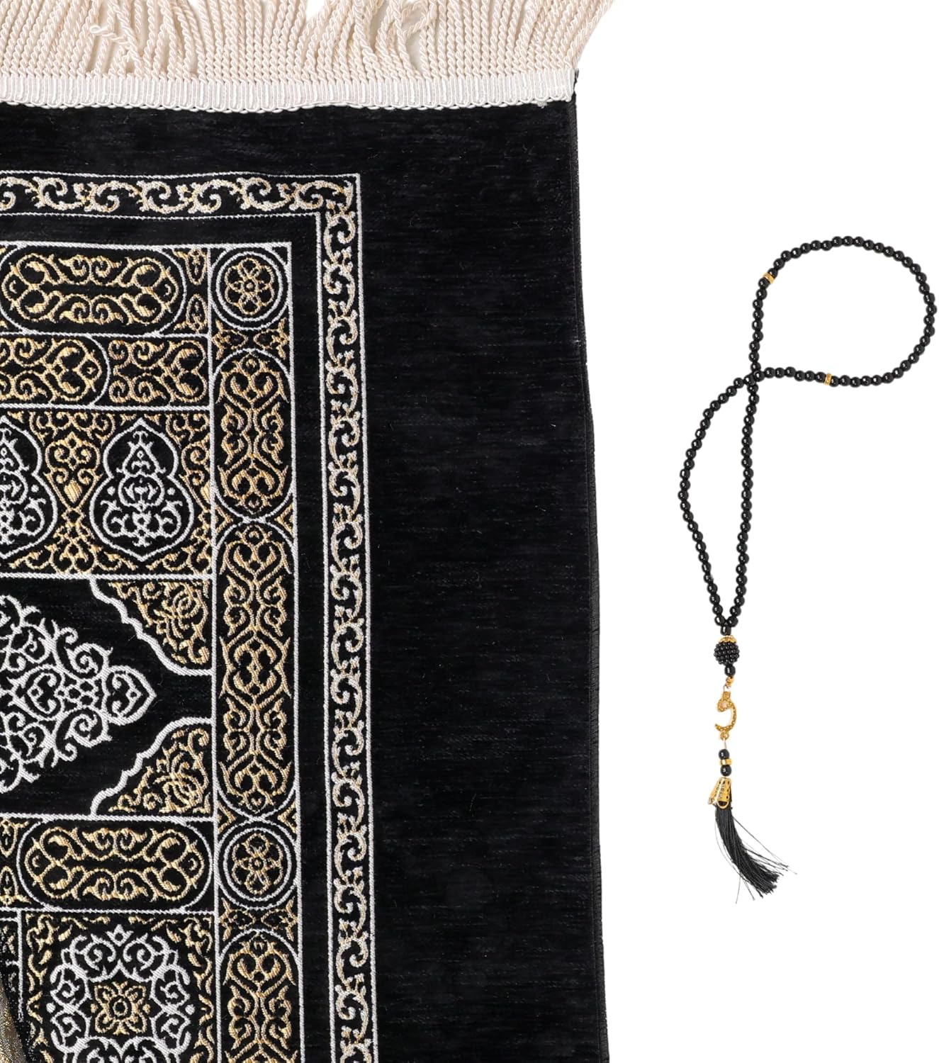 Turkish Velvet Muslim Prayer Rug – Soft Plush Islamic Sajada Mat (2'2" x 3'7") – Elegant Black & Gold Design