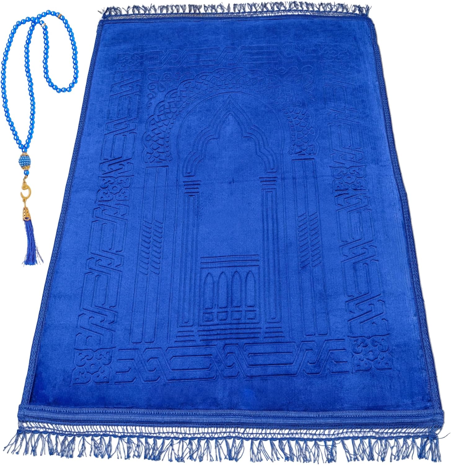 Luxury Turkish Velvet Prayer Rug – Blue Embossed Floral Design with Tasbeeh