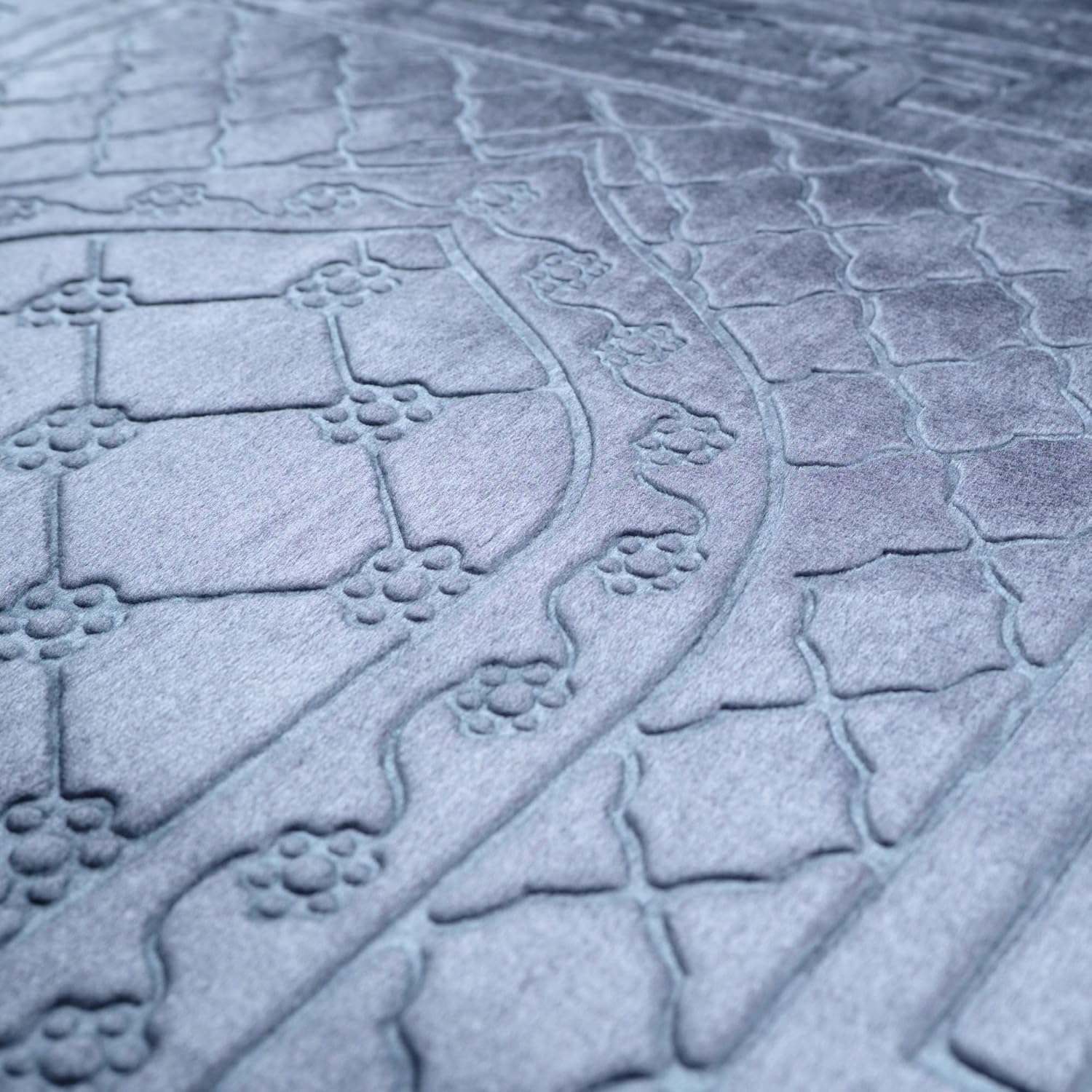 Luxury Turkish Velvet Prayer Rug – Blue Embossed Floral Design with Tasbeeh