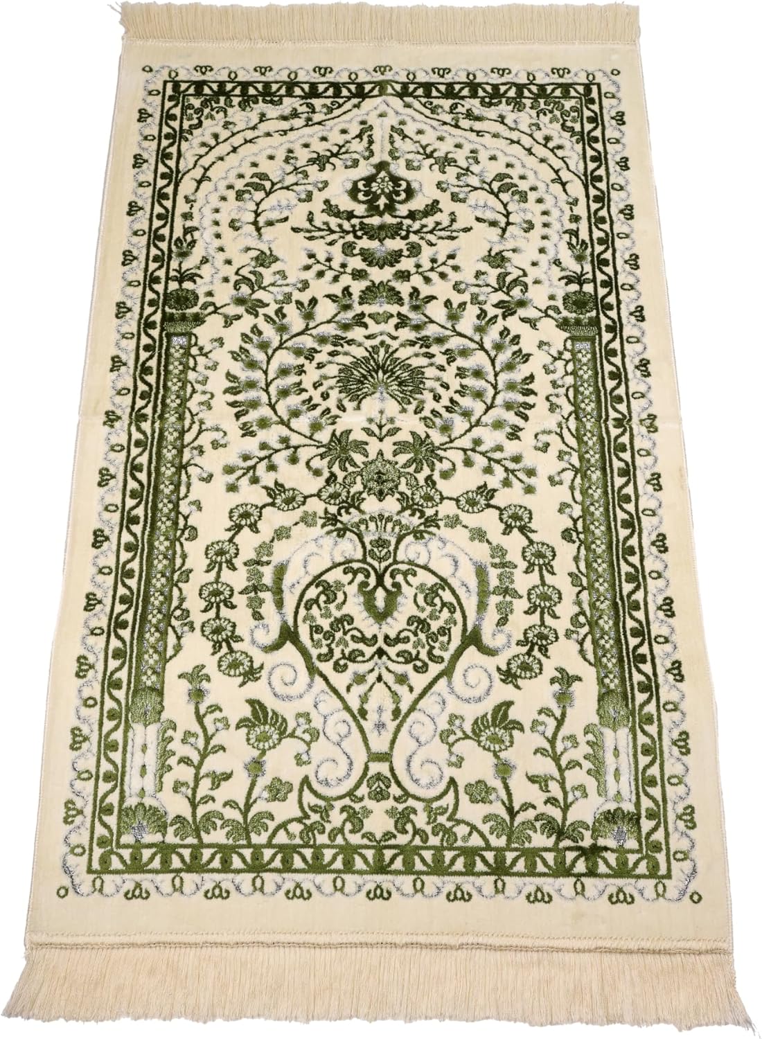 Luxury Soft Plush Velvet Prayer Rug – Sage Green & Cream Botanical Design