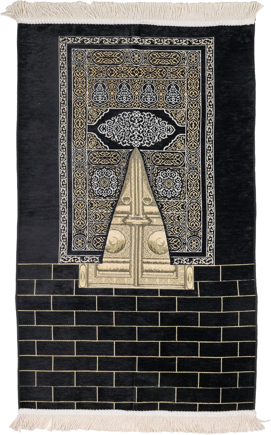 Turkish Velvet Muslim Prayer Rug – Soft Plush Islamic Sajada Mat (2'2" x 3'7") – Elegant Black & Gold Design