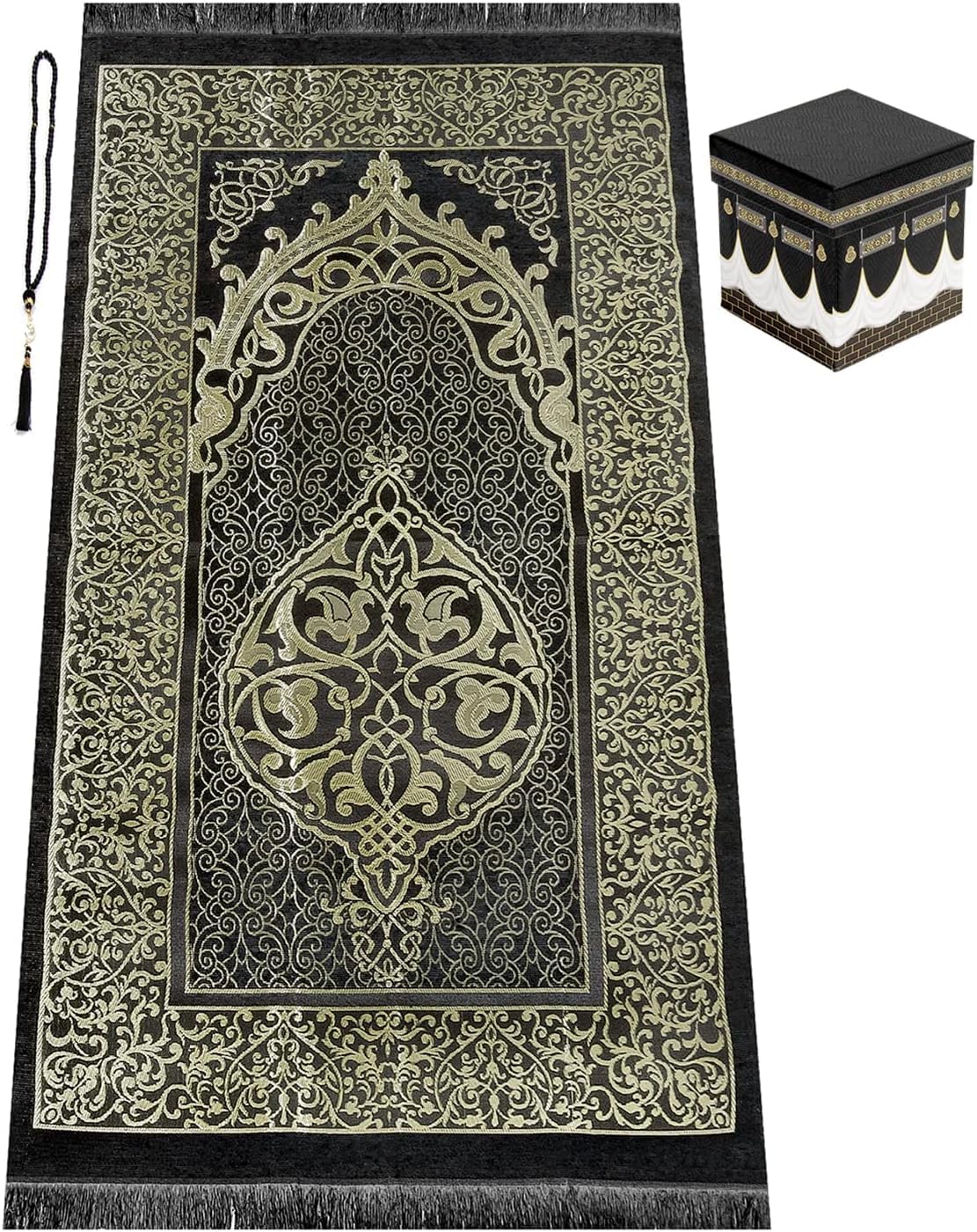 Luxury Kaaba Gift Set – Black Prayer Rug, Quran & Tasbeeh in Cubic Box