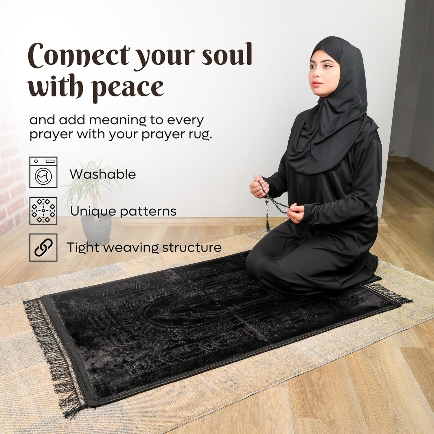 Luxury Turkish Velvet Prayer Rug – Black Embossed Floral Design with Tasbeeh