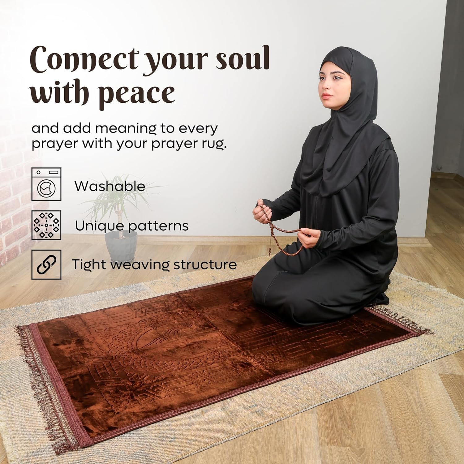 Luxury Turkish Velvet Prayer Rug – Brown Embossed Floral Design with Tasbeeh