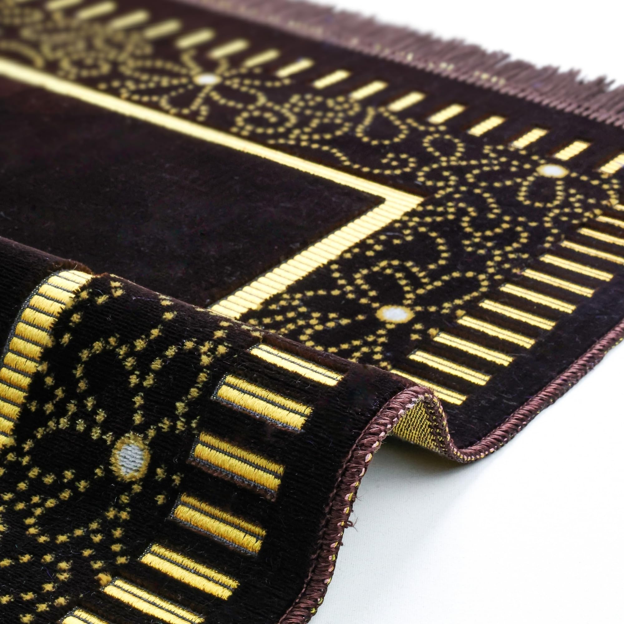 Luxury Turkish Velvet Prayer Rug – Dark Brown & Gold Geometric Arch Design