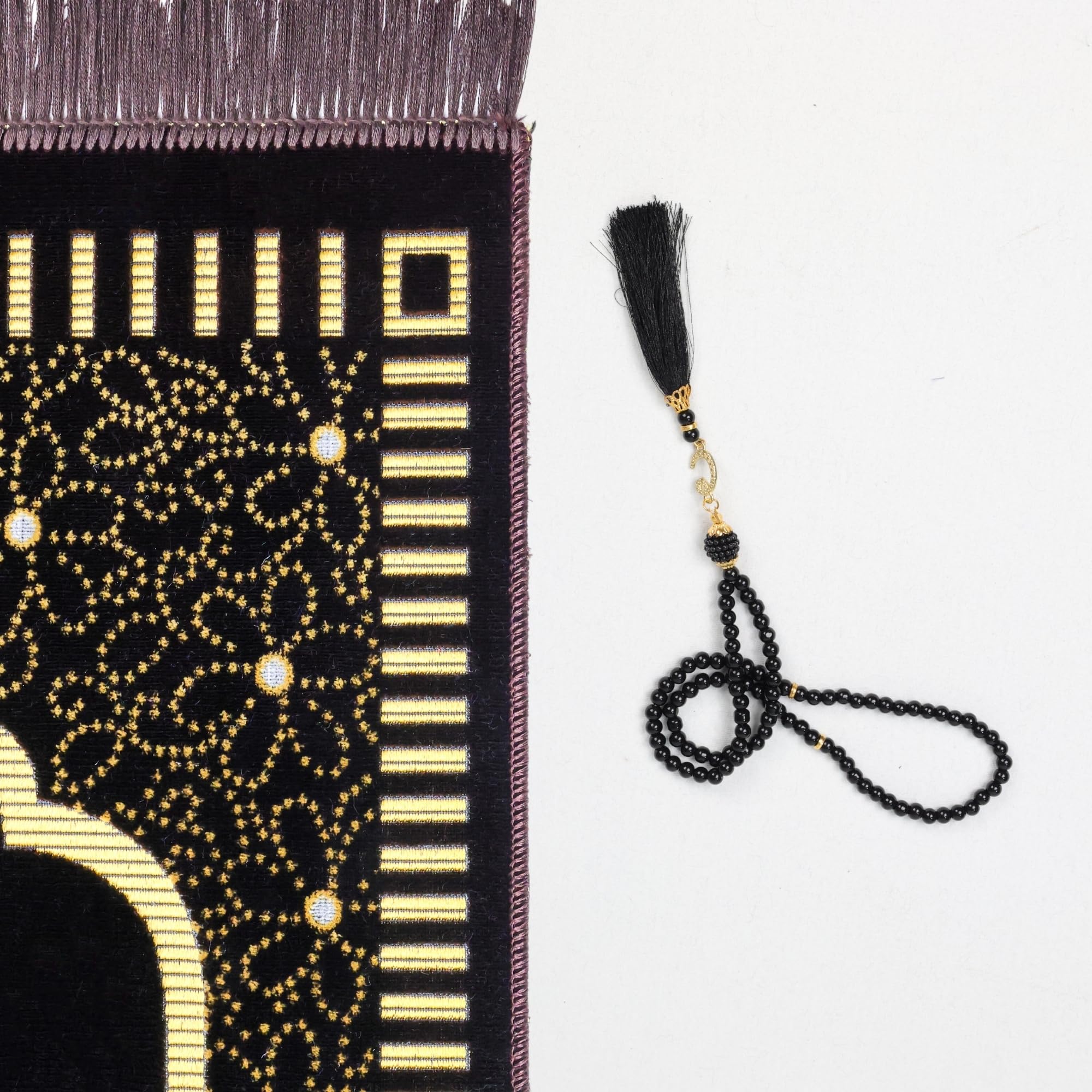 Luxury Turkish Velvet Prayer Rug – Dark Brown & Gold Geometric Arch Design