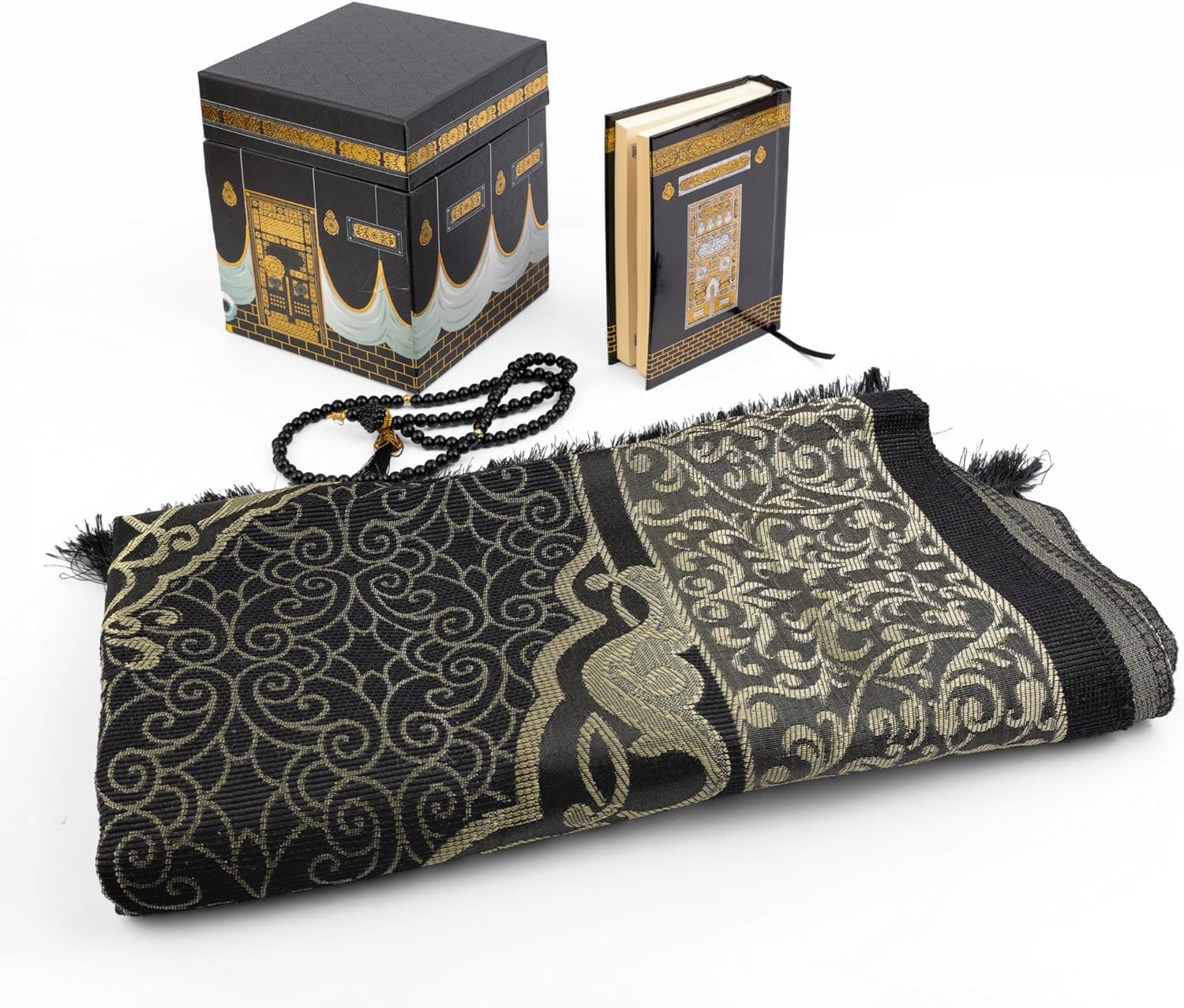 Luxury Kaaba Gift Set – Black Prayer Rug, Quran & Tasbeeh in Cubic Box