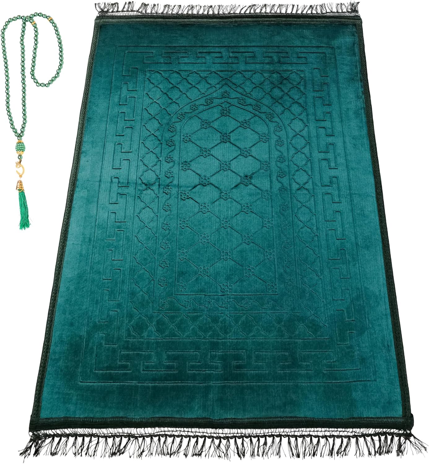 Luxury Soft Plush Velvet Prayer Rug – Dark Green Embossed Floral Design