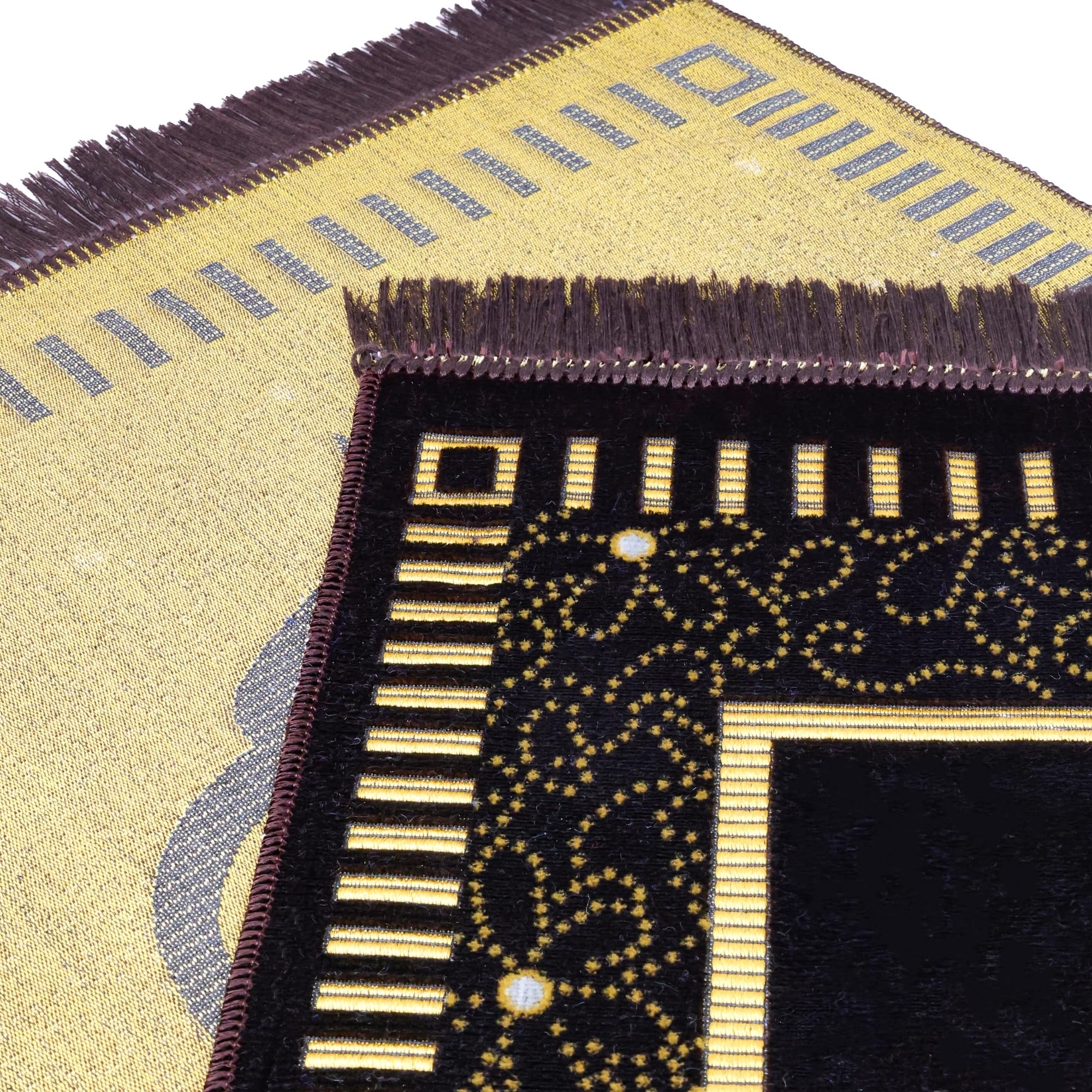 Luxury Turkish Velvet Prayer Rug – Dark Brown & Gold Geometric Arch Design