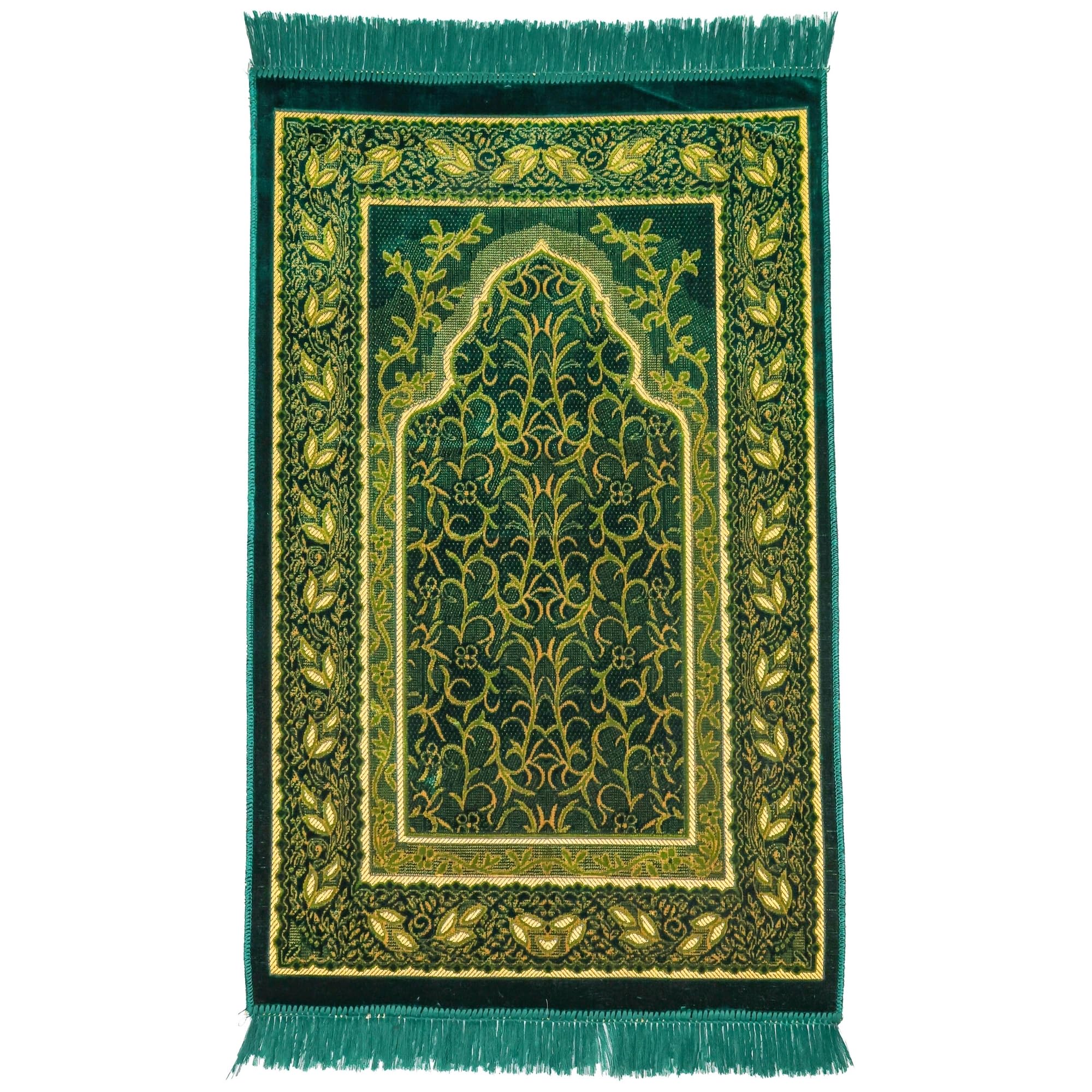 Luxury Turkish Velvet Prayer Rug – Emerald Green & Gold Floral Vine Design