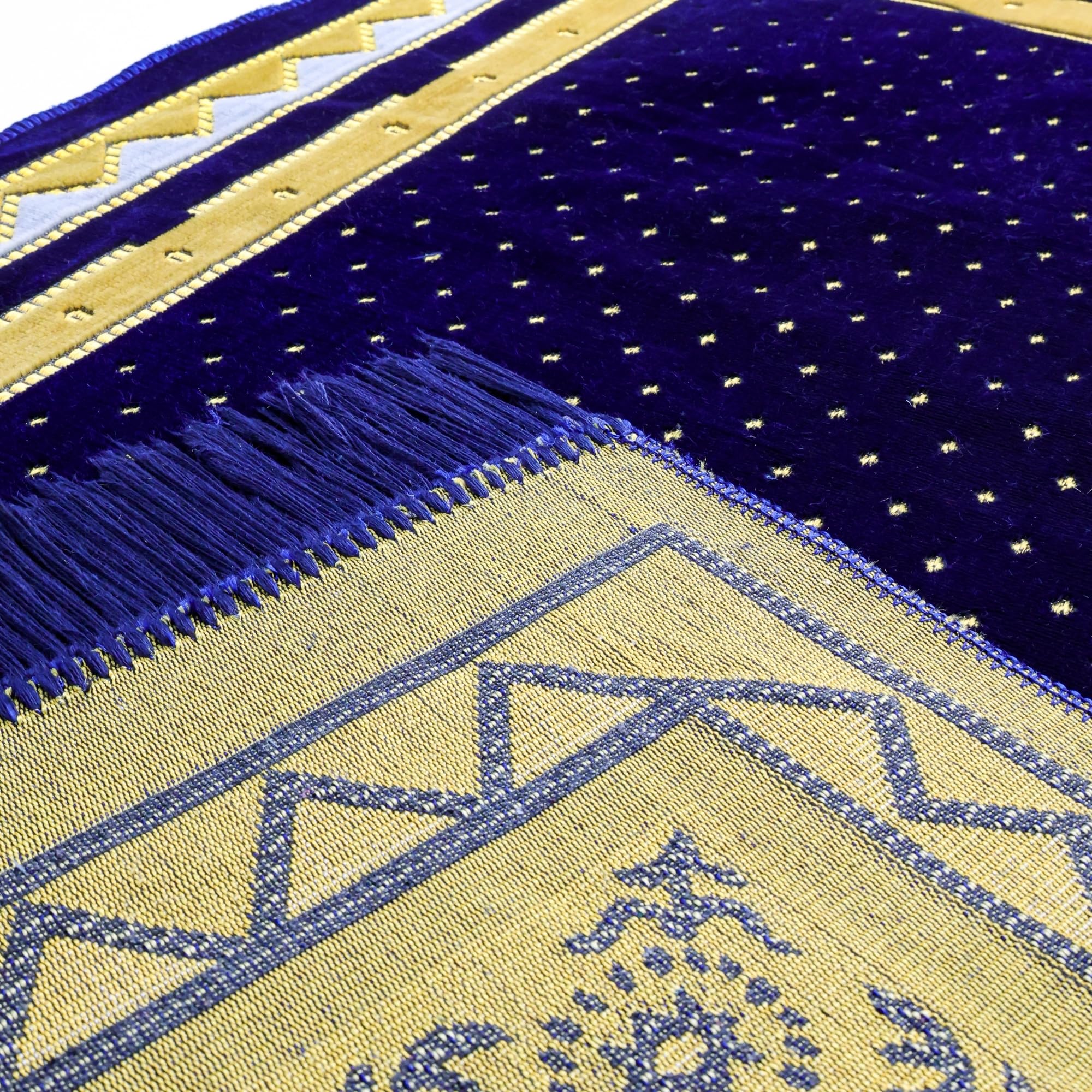 Luxury Turkish Velvet Prayer Rug – Navy Blue & Gold Arch Design