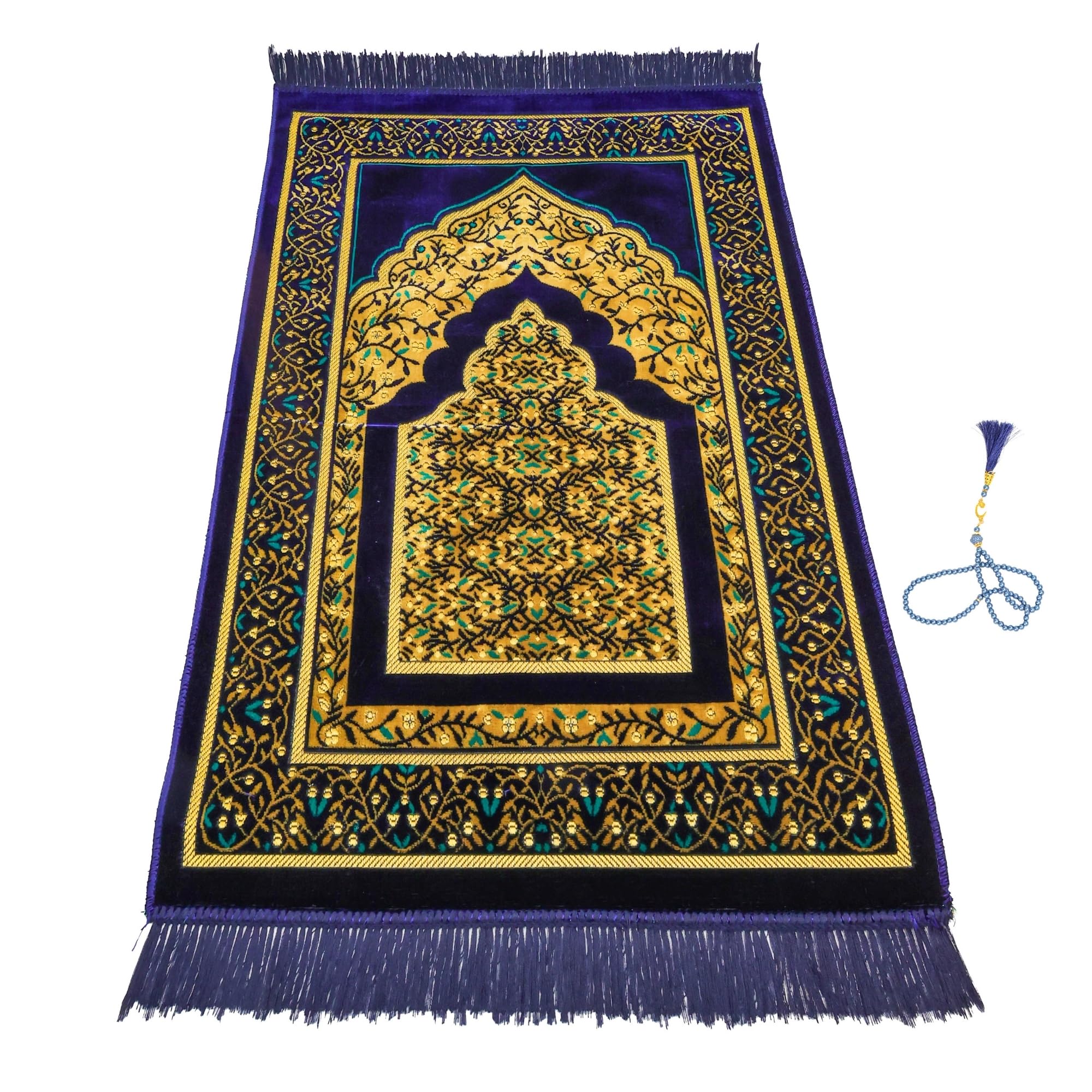 Luxury Turkish Velvet Prayer Rug – Black & Gold Floral Arch Design