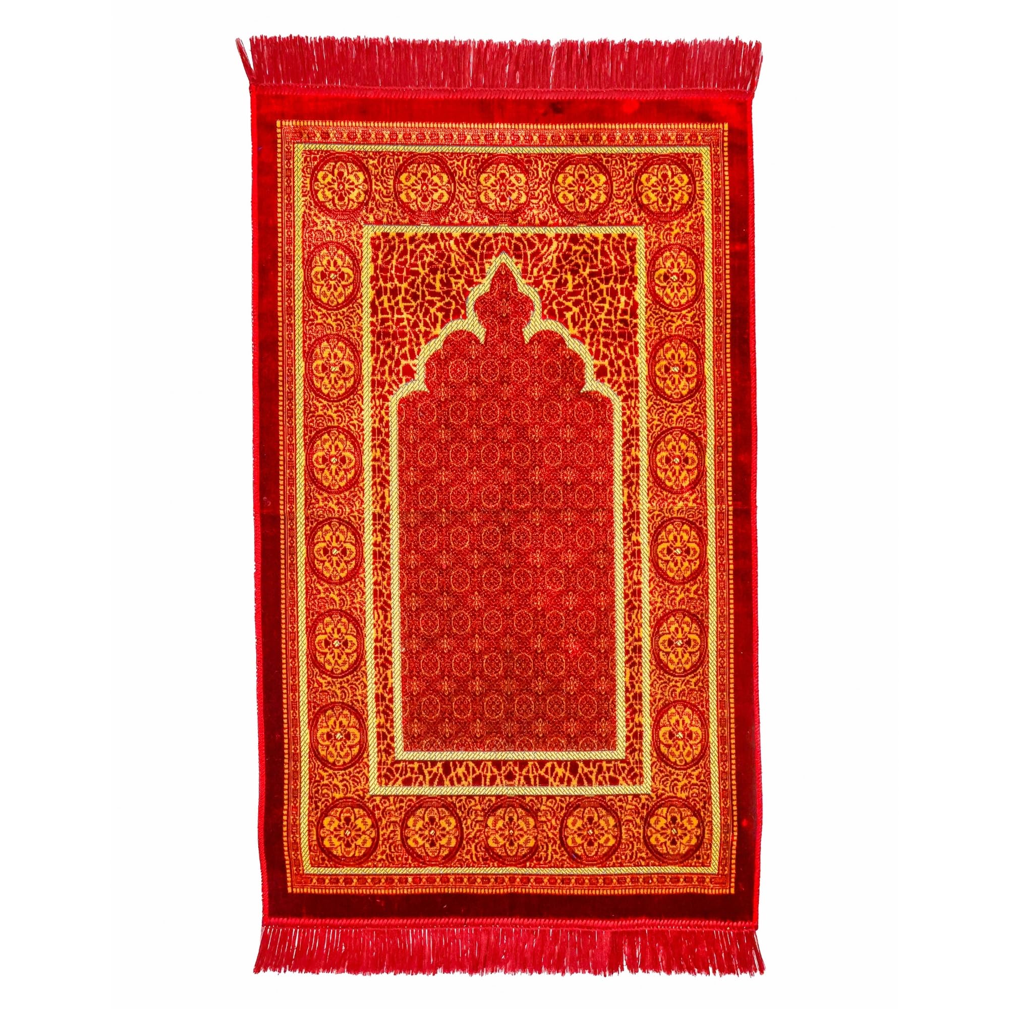 Luxury Turkish Velvet Prayer Rug – Royal Red & Gold Arch Design