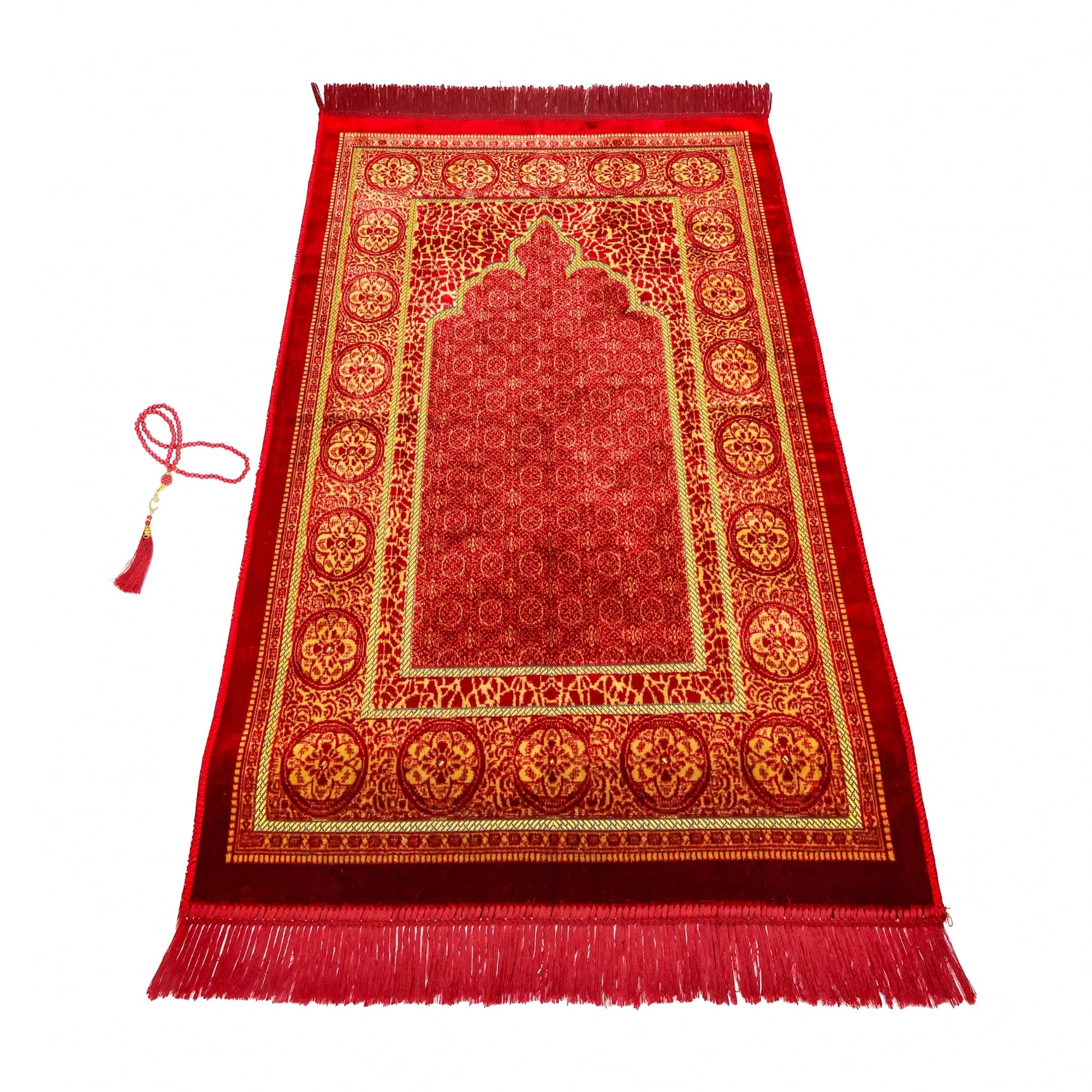 Luxury Turkish Velvet Prayer Rug – Royal Red & Gold Arch Design