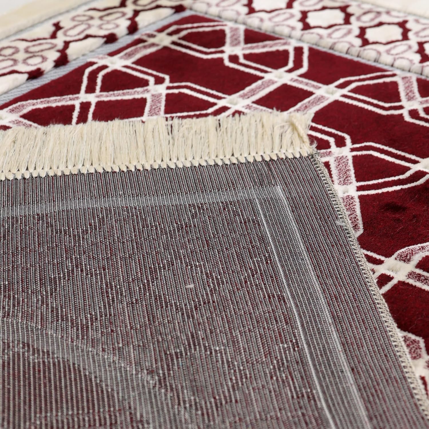 Luxury Soft Plush Velvet Prayer Rug – Burgundy & Cream Geometric Lattice Design