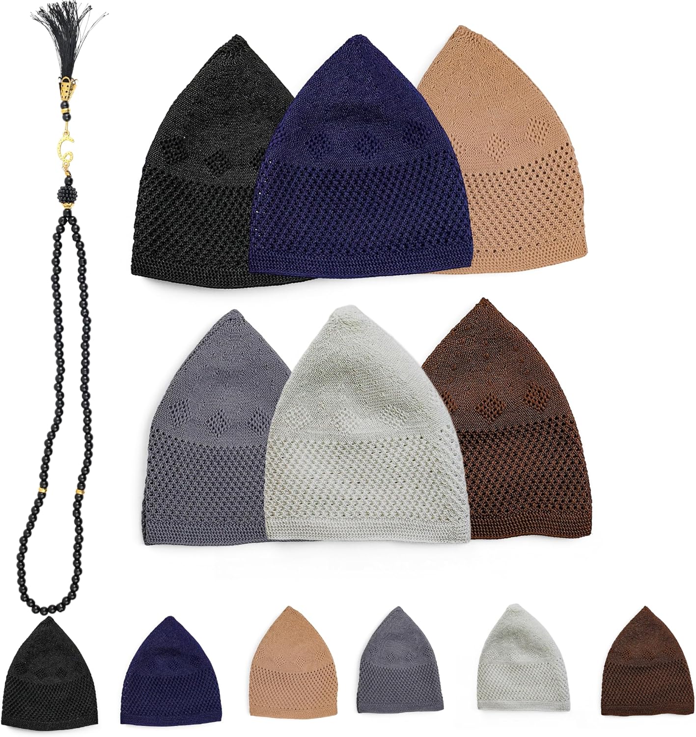 6 Piece Turkish Velvet Crochet Kufi Hats – Men’s Breathable Stretch Islamic Prayer Caps (Standard Fit)