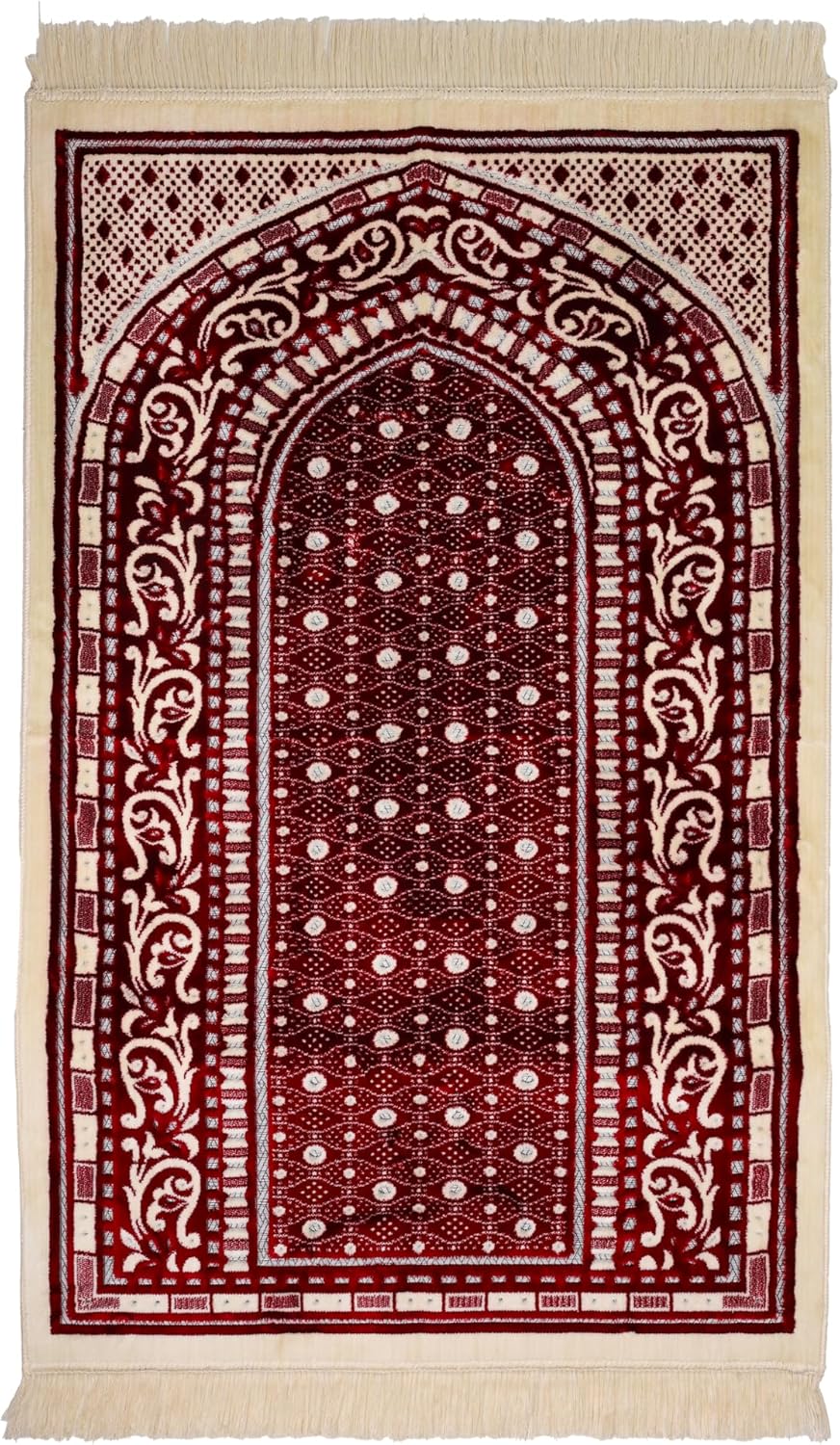 Luxury Soft Plush Velvet Prayer Rug – Classic Red & Cream Heritage Design