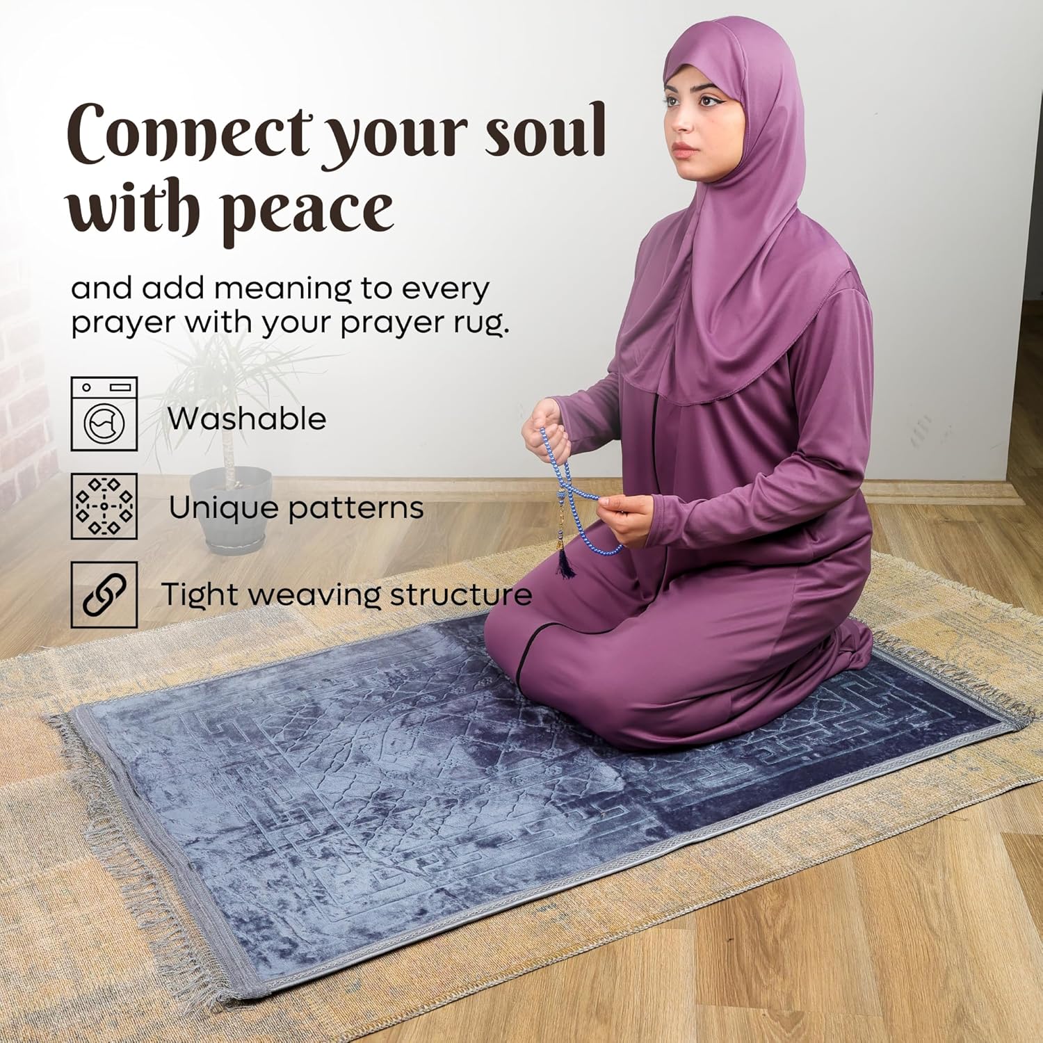 Luxury Turkish Velvet Prayer Rug – Blue Embossed Floral Design with Tasbeeh