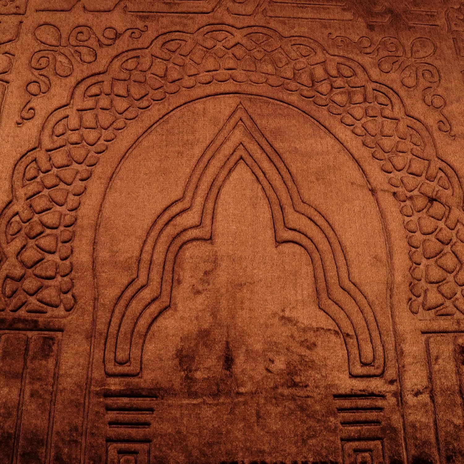 Luxury Turkish Velvet Prayer Rug – Brown Embossed Floral Design with Tasbeeh