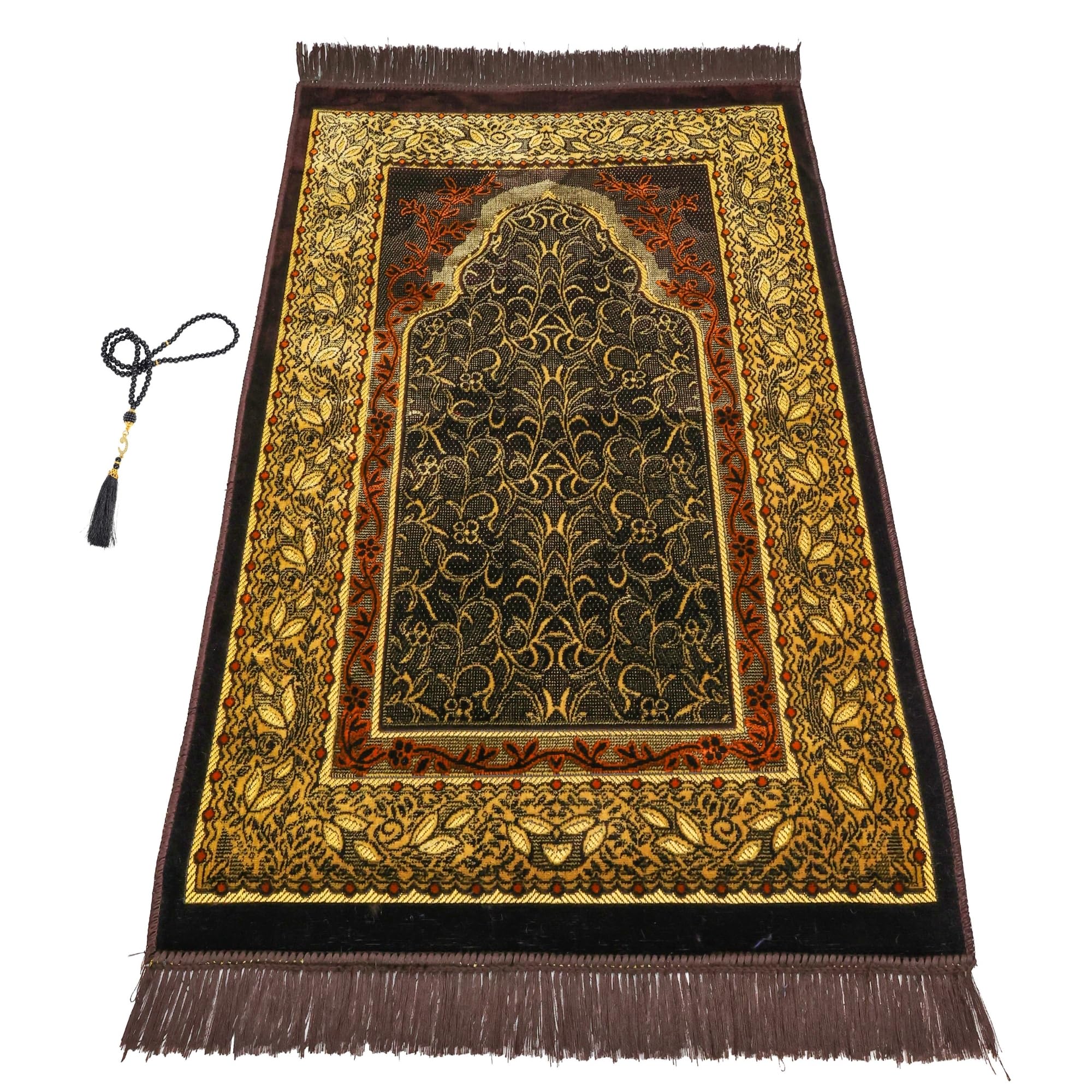 Luxury Turkish Velvet Prayer Rug – Dark Brown & Gold Floral Vine Design