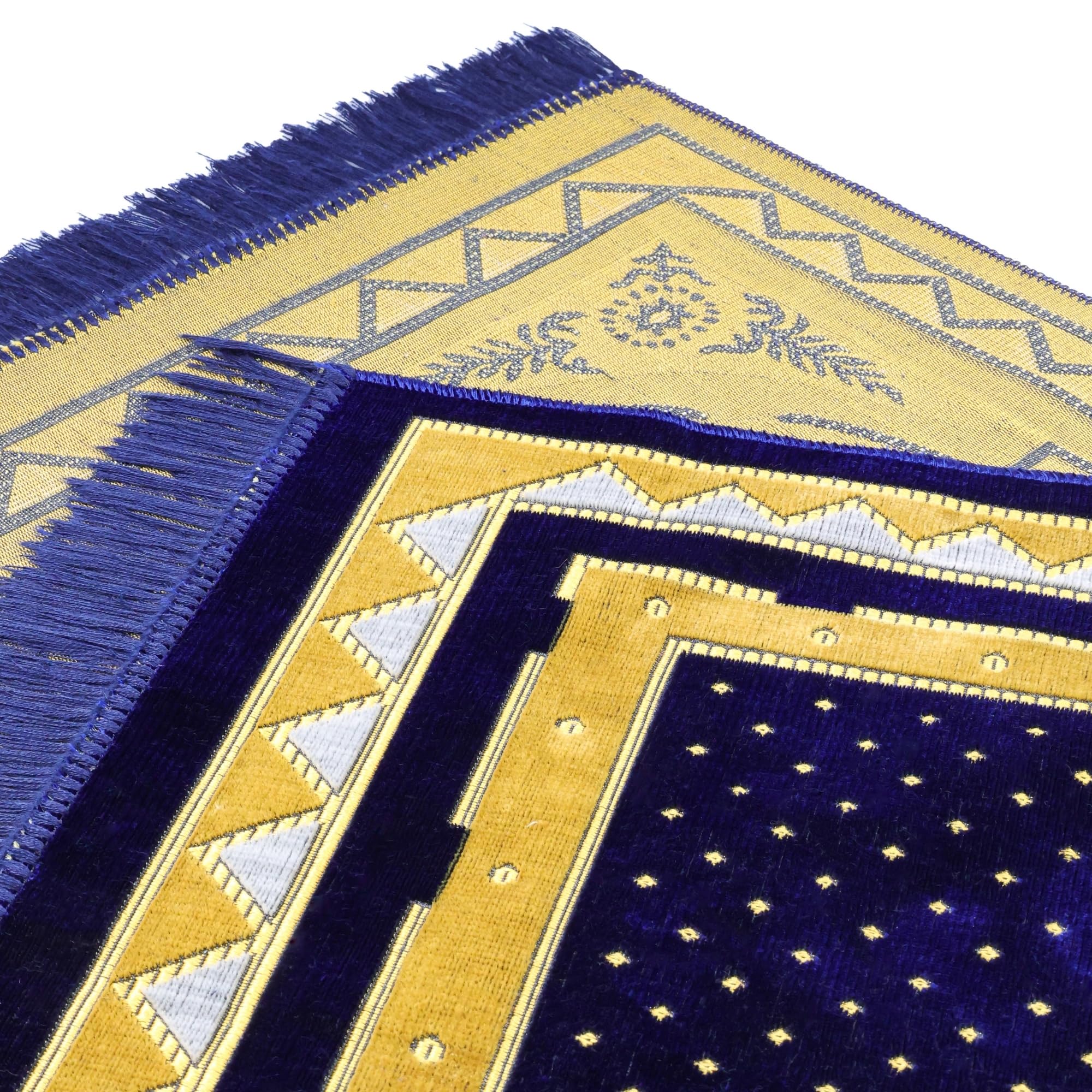 Luxury Turkish Velvet Prayer Rug – Navy Blue & Gold Arch Design