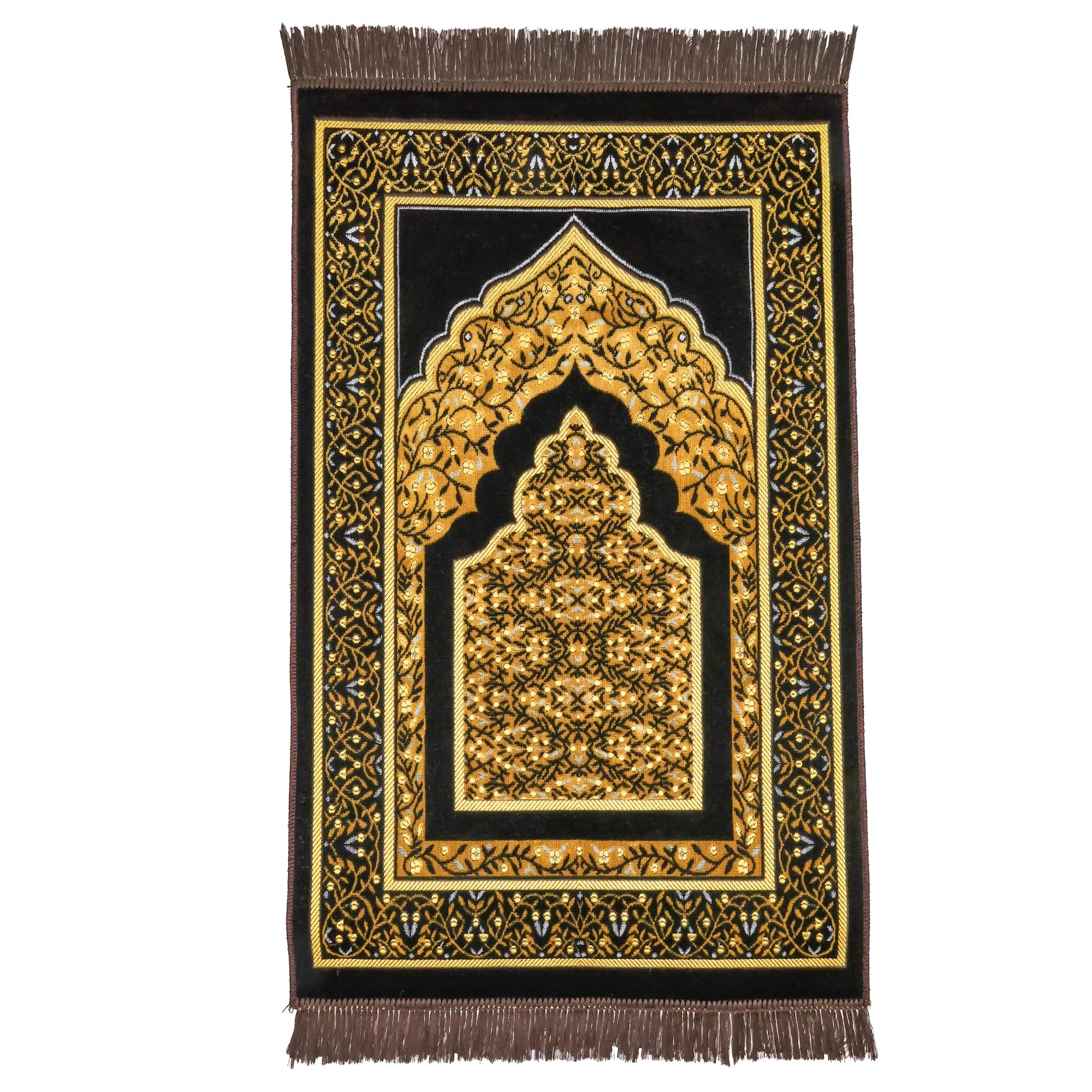Luxury Turkish Velvet Prayer Rug – Black & Gold Floral Arch Design