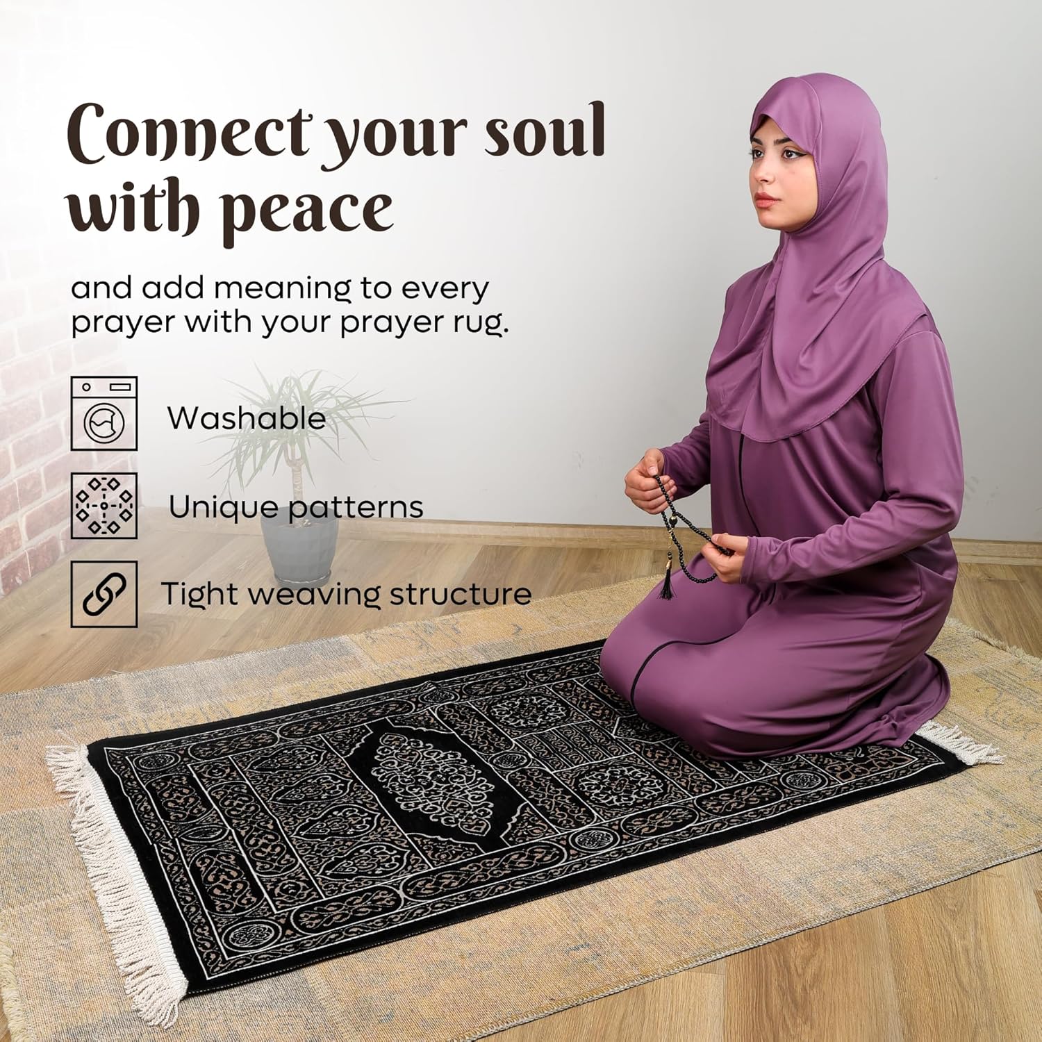 Turkish Velvet Muslim Prayer Rug – Soft Plush Islamic Sajada Mat (2'3" x 3'7") – Elegant Dark Pattern