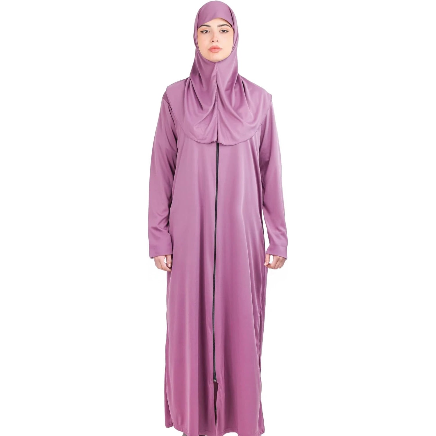 Women's One-Piece Prayer Dress Abaya – Full Coverage Zipper Front Jilbab (Dusty Pink)