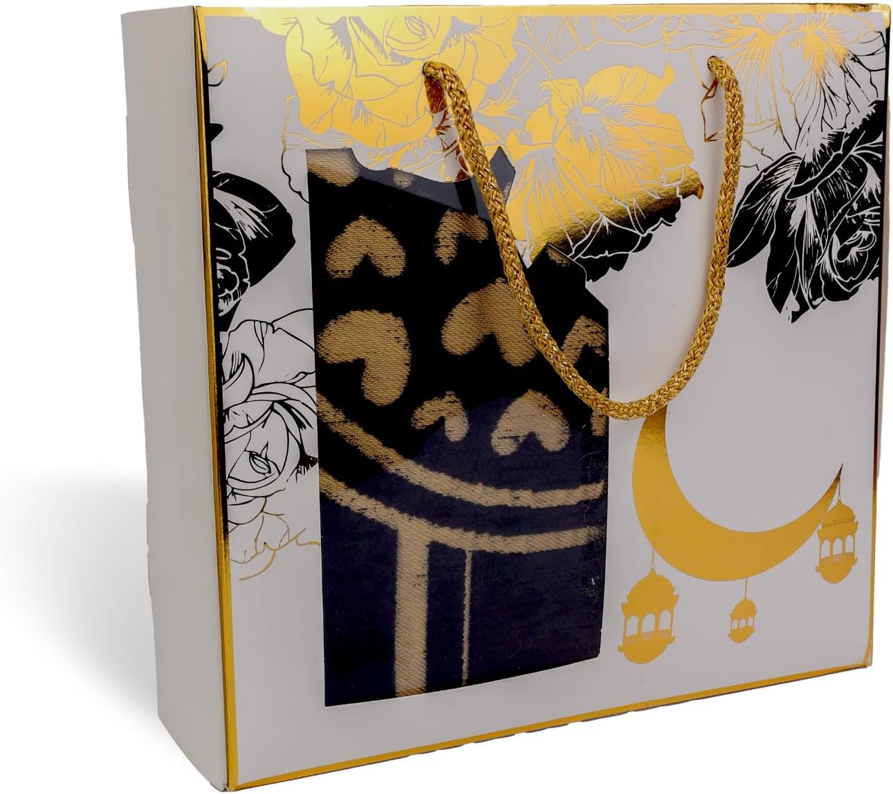 Couples Muslim Prayer Rug Set – 2 Soft Chenille Sajada Mats with Tasbih, White & Black Heart Design, Ramadan & Eid Islamic Gift - Firaset