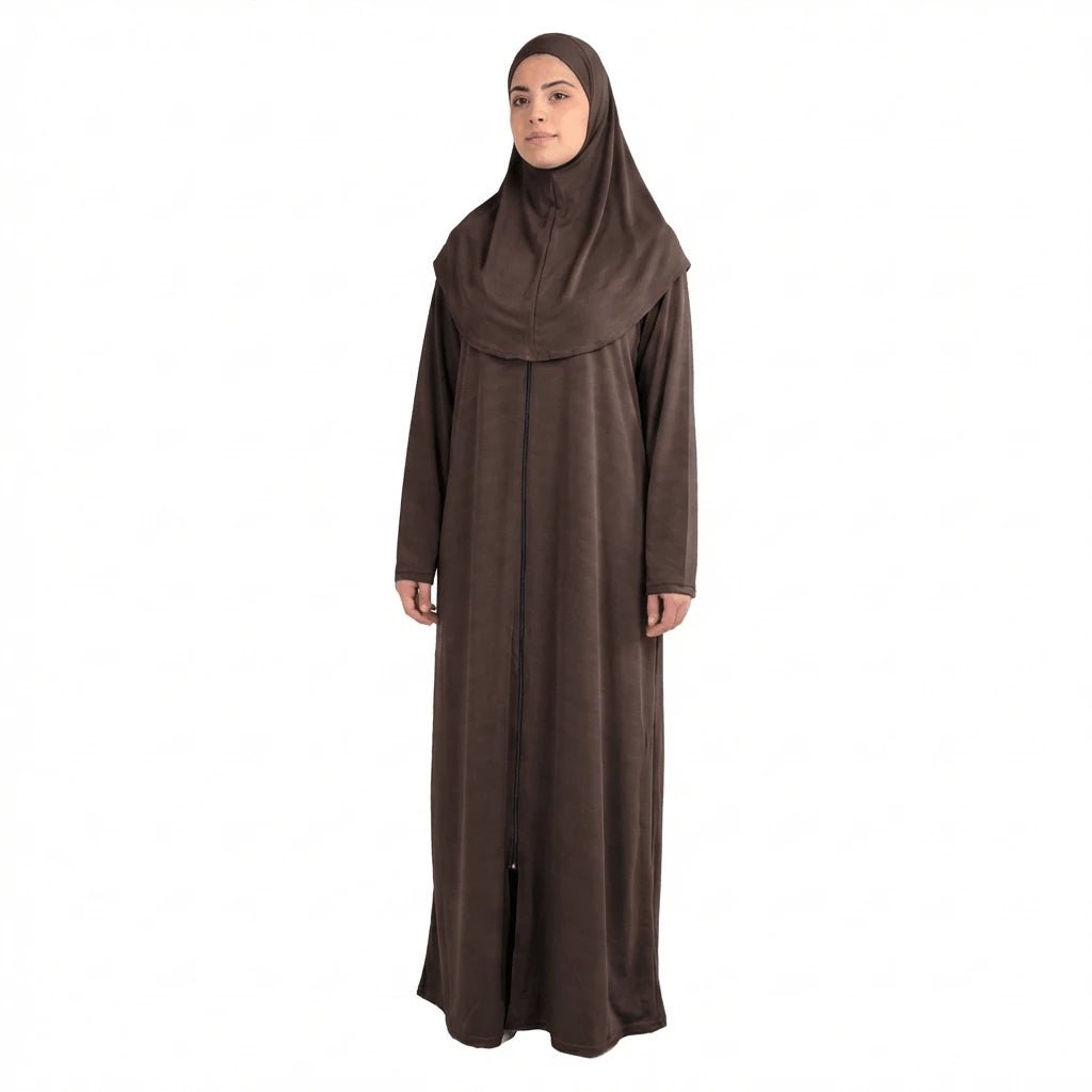 Dubai One - Piece Brown Prayer Dress with Attached Hijab – Soft Cotton - Firaset