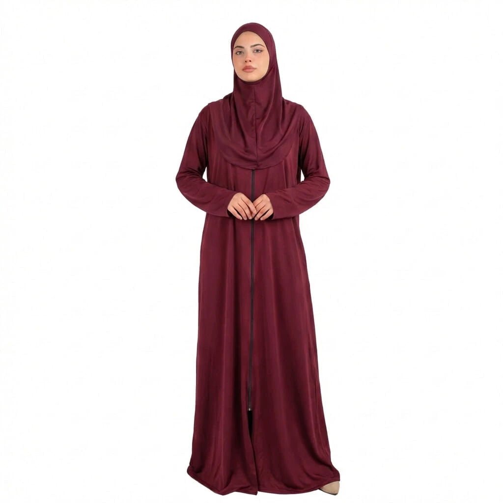 Dubai One - Piece Burgundy Prayer Dress with Attached Hijab – Soft Cotton - Firaset