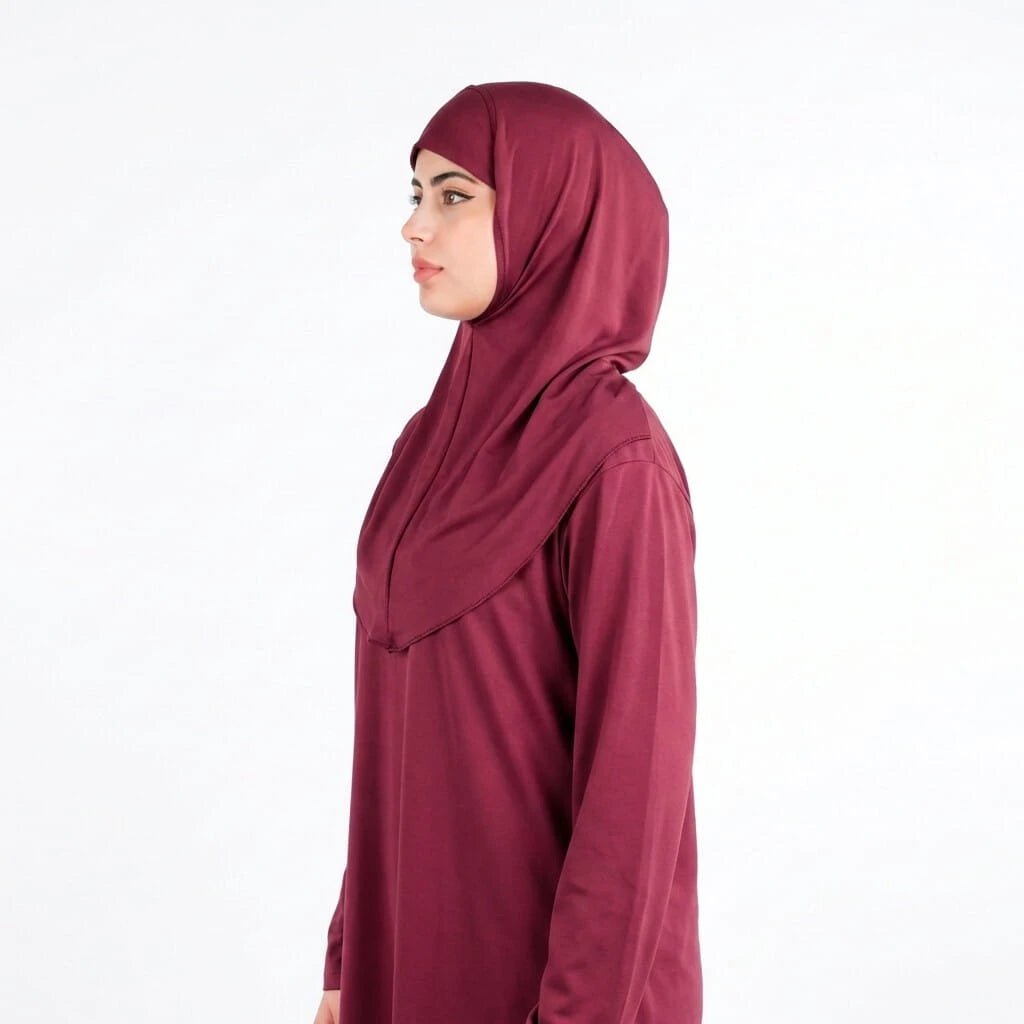 Dubai One - Piece Burgundy Prayer Dress with Attached Hijab – Soft Cotton - Firaset