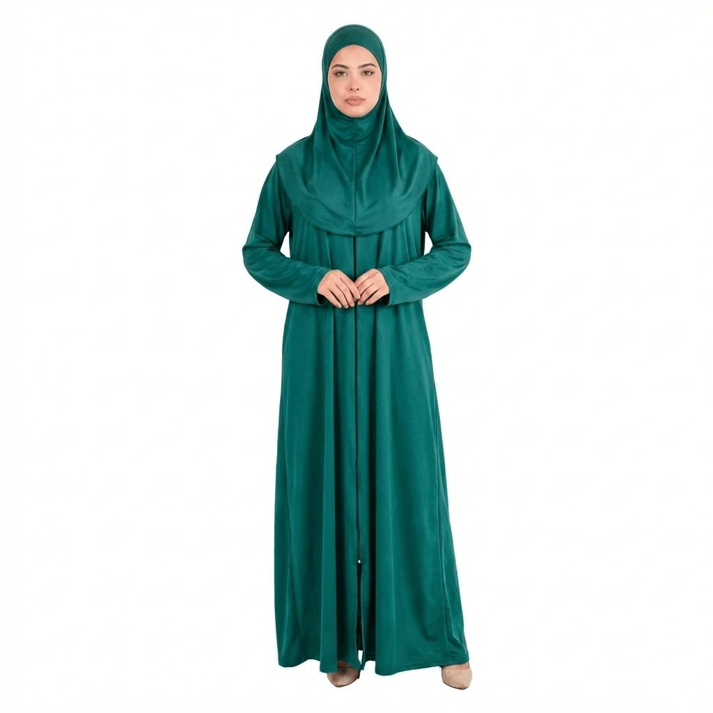 Dubai One - Piece Green Prayer Dress with Attached Hijab – Soft Cotton - Firaset