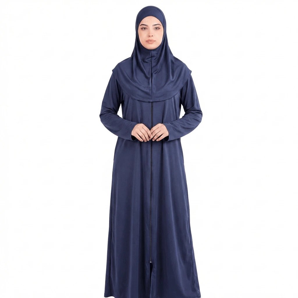 Dubai One - Piece Navy Blue Prayer Dress with Attached Hijab – Soft Cotton - Firaset