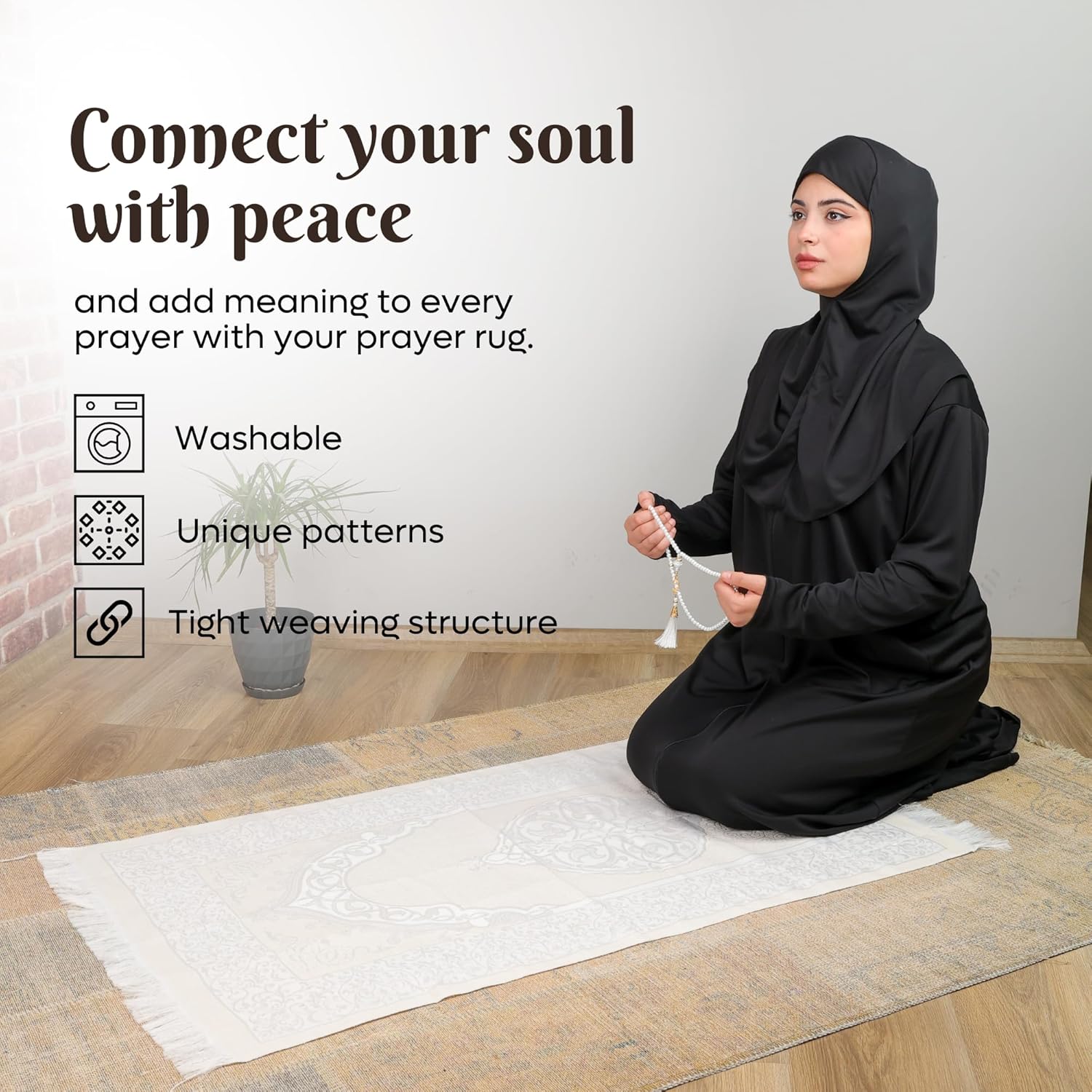 Firaset Luxury Taffeta Prayer Rug Set – White Janamaz with Cylinder Gift Box & Pearl Tasbeeh - Firaset