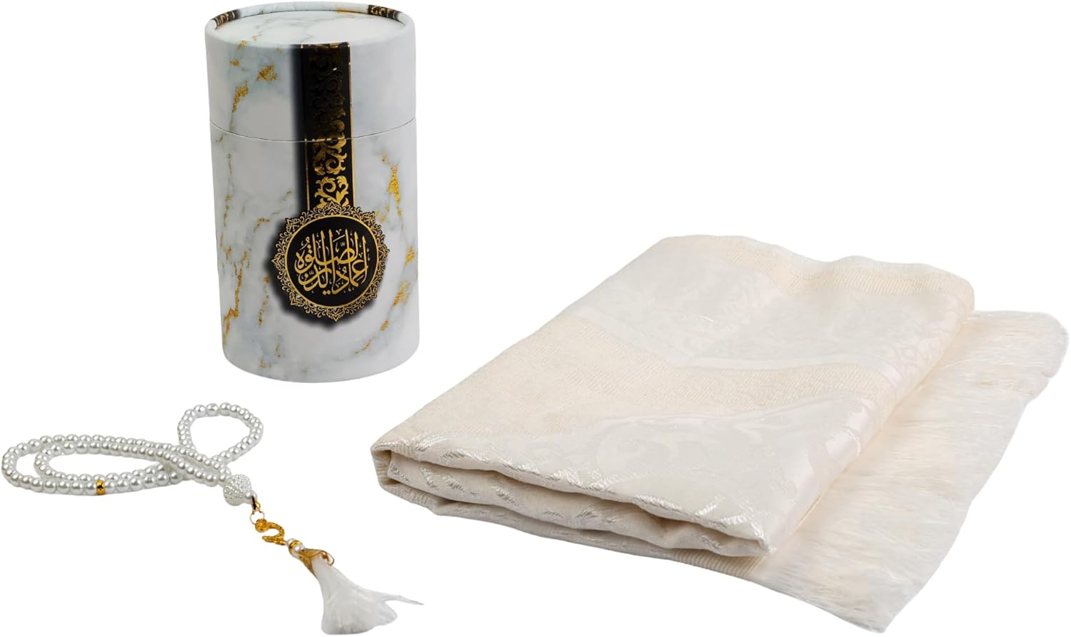 Firaset Luxury Taffeta Prayer Rug Set – White Janamaz with Cylinder Gift Box & Pearl Tasbeeh - Firaset