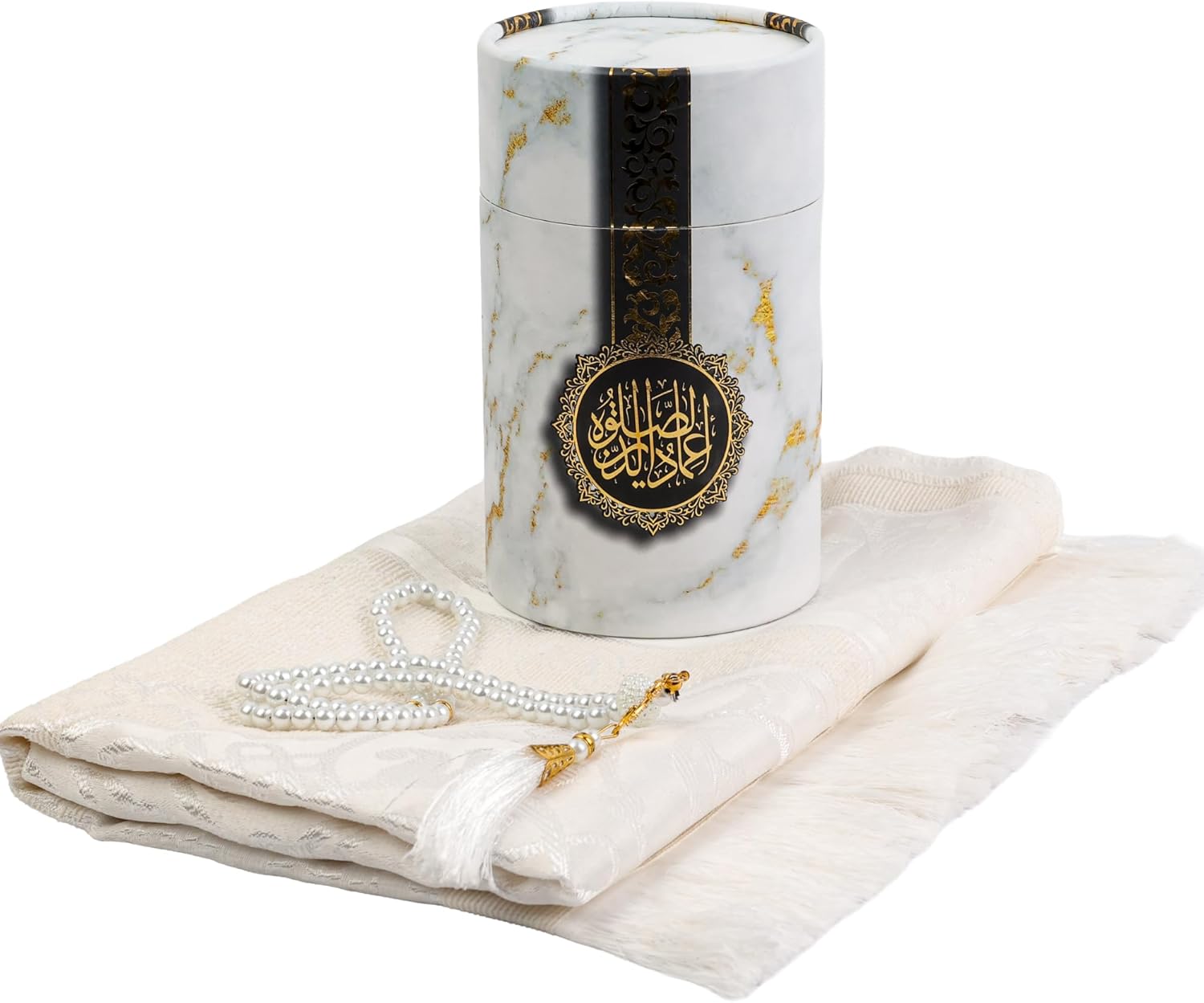 Firaset Luxury Taffeta Prayer Rug Set – White Janamaz with Cylinder Gift Box & Pearl Tasbeeh - Firaset