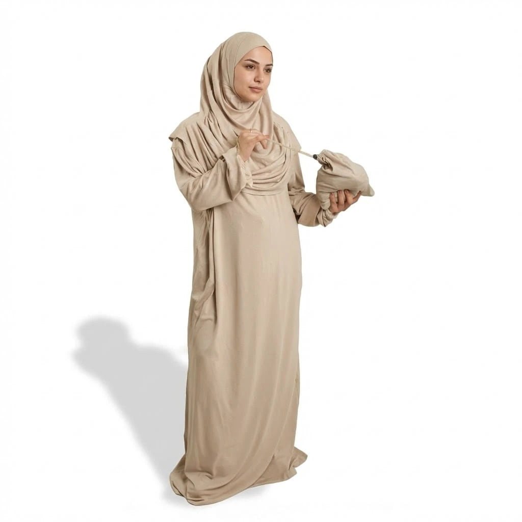 Firdaws 2 - Piece 2 - Viscose Beige Prayer Dress Set – Top, Skirt & Bag - Firaset