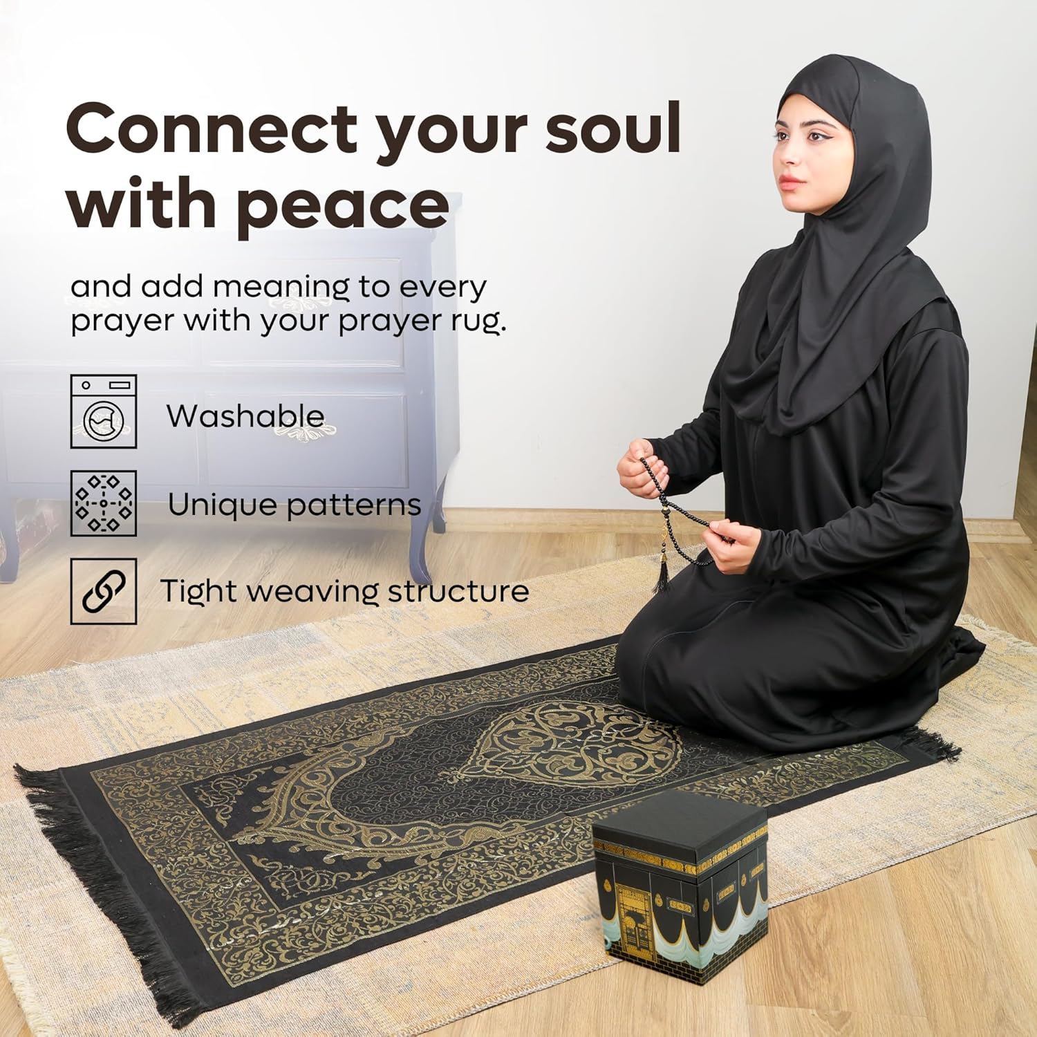 Luxury Kaaba Gift Set – Black Prayer Rug, Quran & Tasbeeh in Cubic Box - Firaset