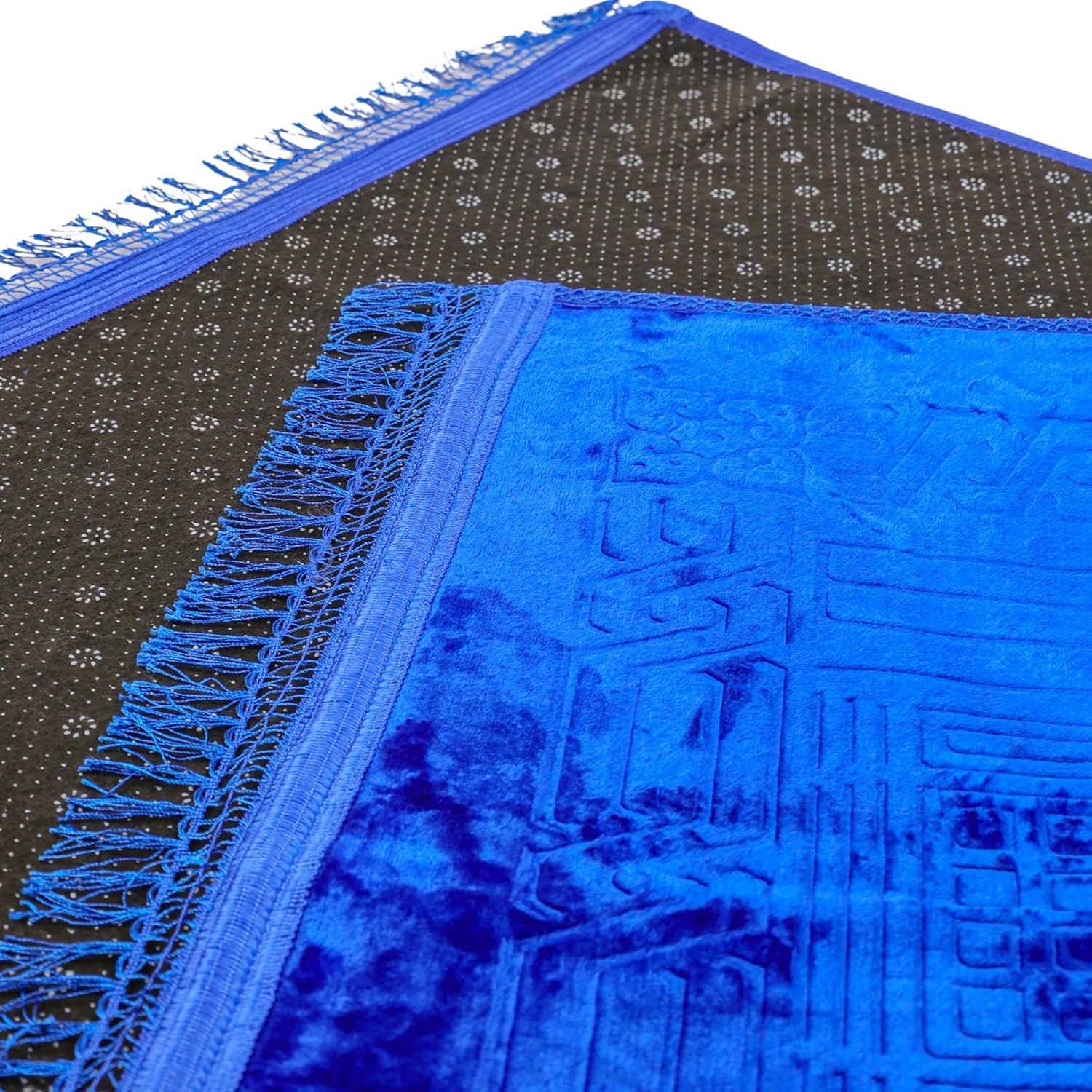 Luxury Ottoman Blue Embossed Velvet Prayer Rug with Prayer Cap - Firaset