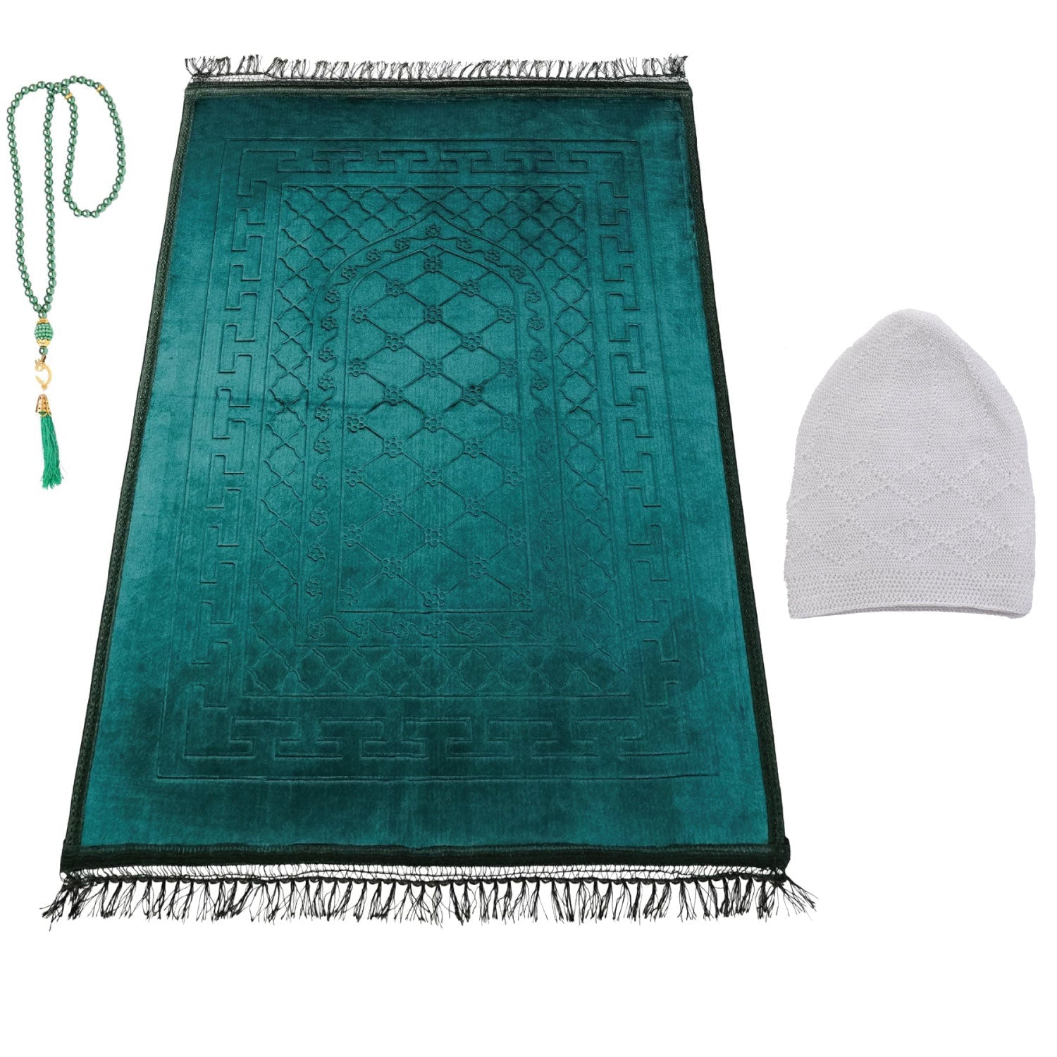 Luxury Ottoman Dark Grreen Embossed Velvet Prayer Rug with Prayer Cap - Firaset