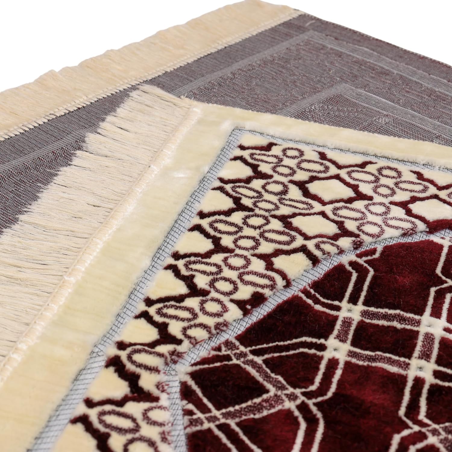 Luxury Soft Plush Burgundy & Cream Velvet Prayer Rug with Prayer Cap - Firaset
