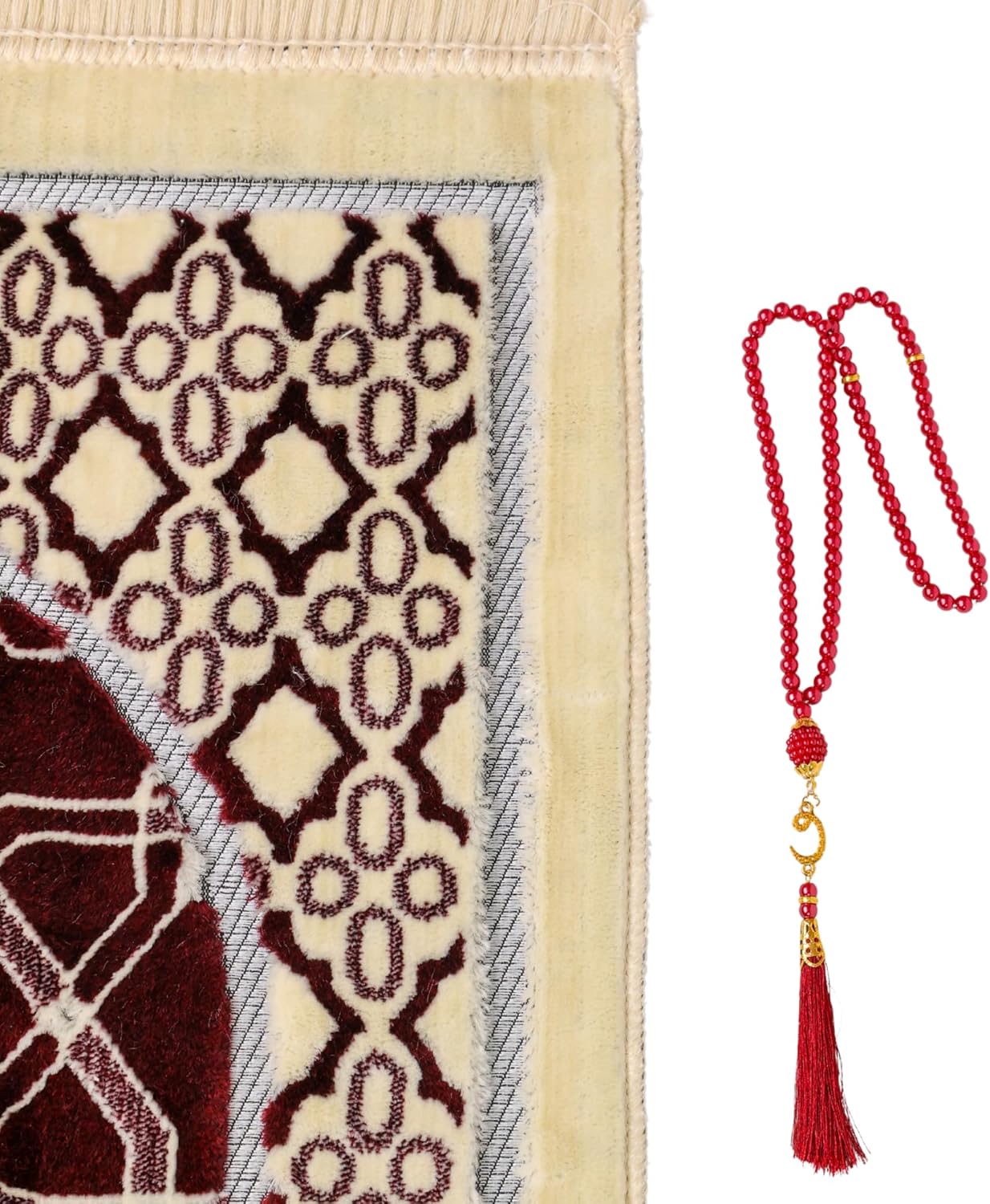 Luxury Soft Plush Burgundy & Cream Velvet Prayer Rug with Prayer Cap - Firaset