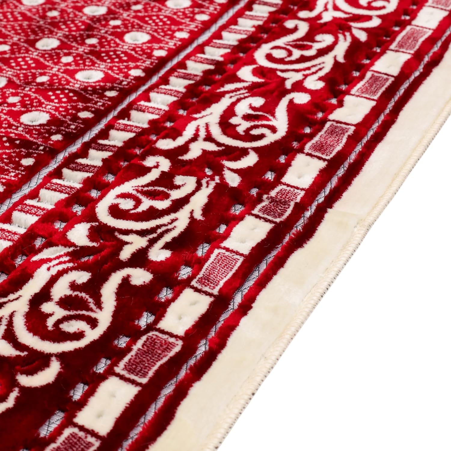 Luxury Soft Plush Classic Red & Cream Velvet Prayer Rug with Prayer Cap - Firaset