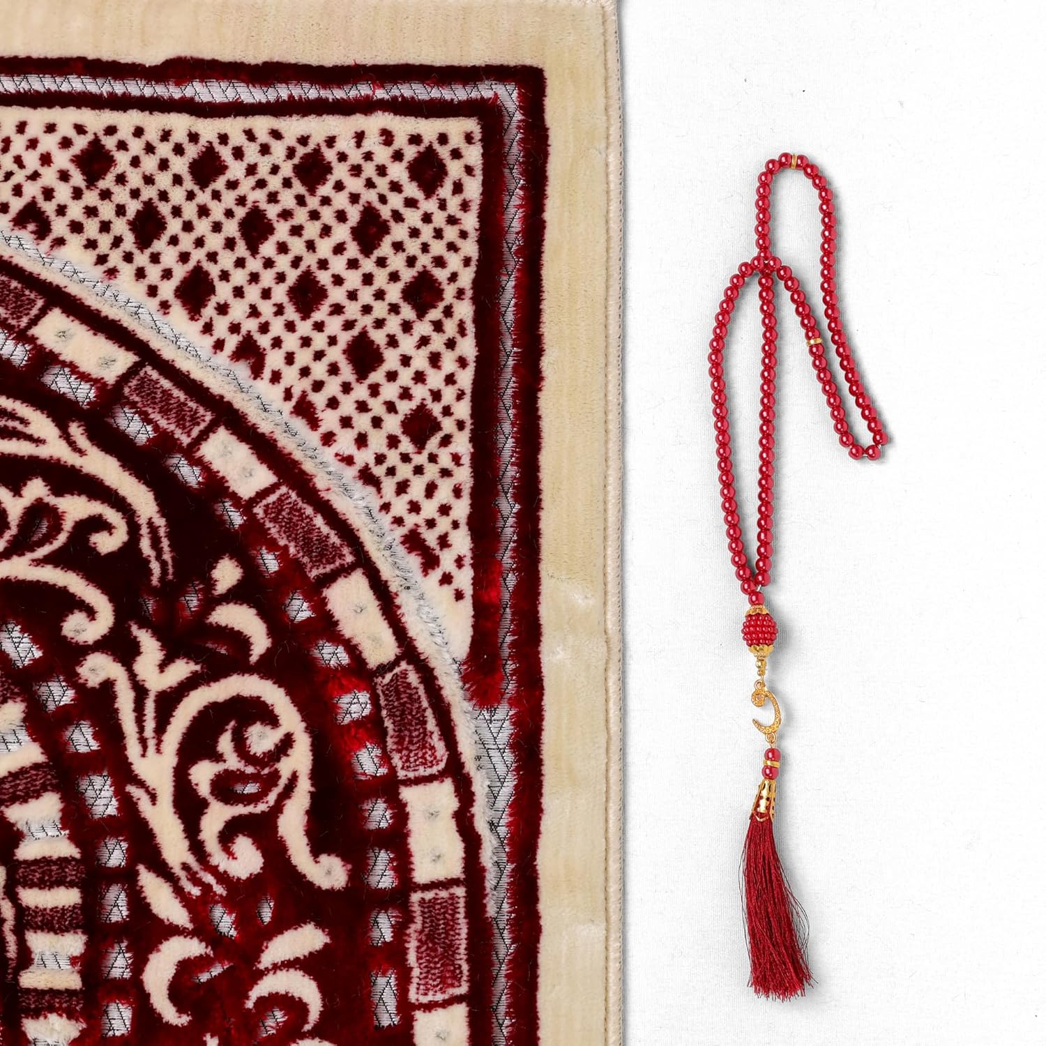 Luxury Soft Plush Classic Red & Cream Velvet Prayer Rug with Prayer Cap - Firaset